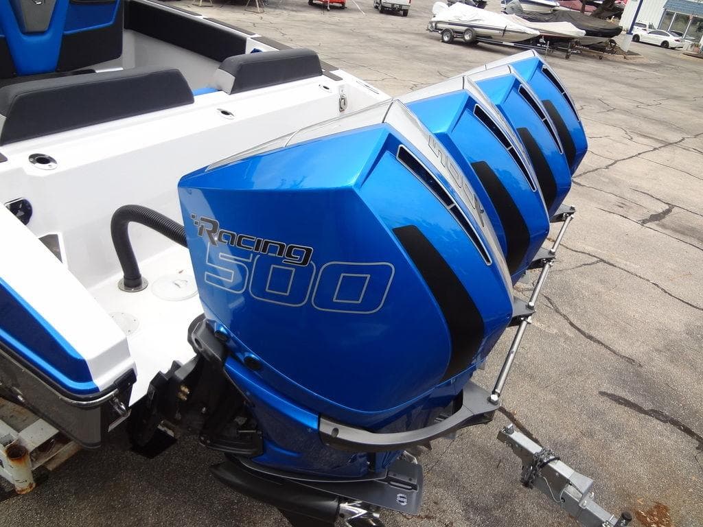 2024 Fountain 38 SCX with quad Mercury Racing 500 outboard engines.