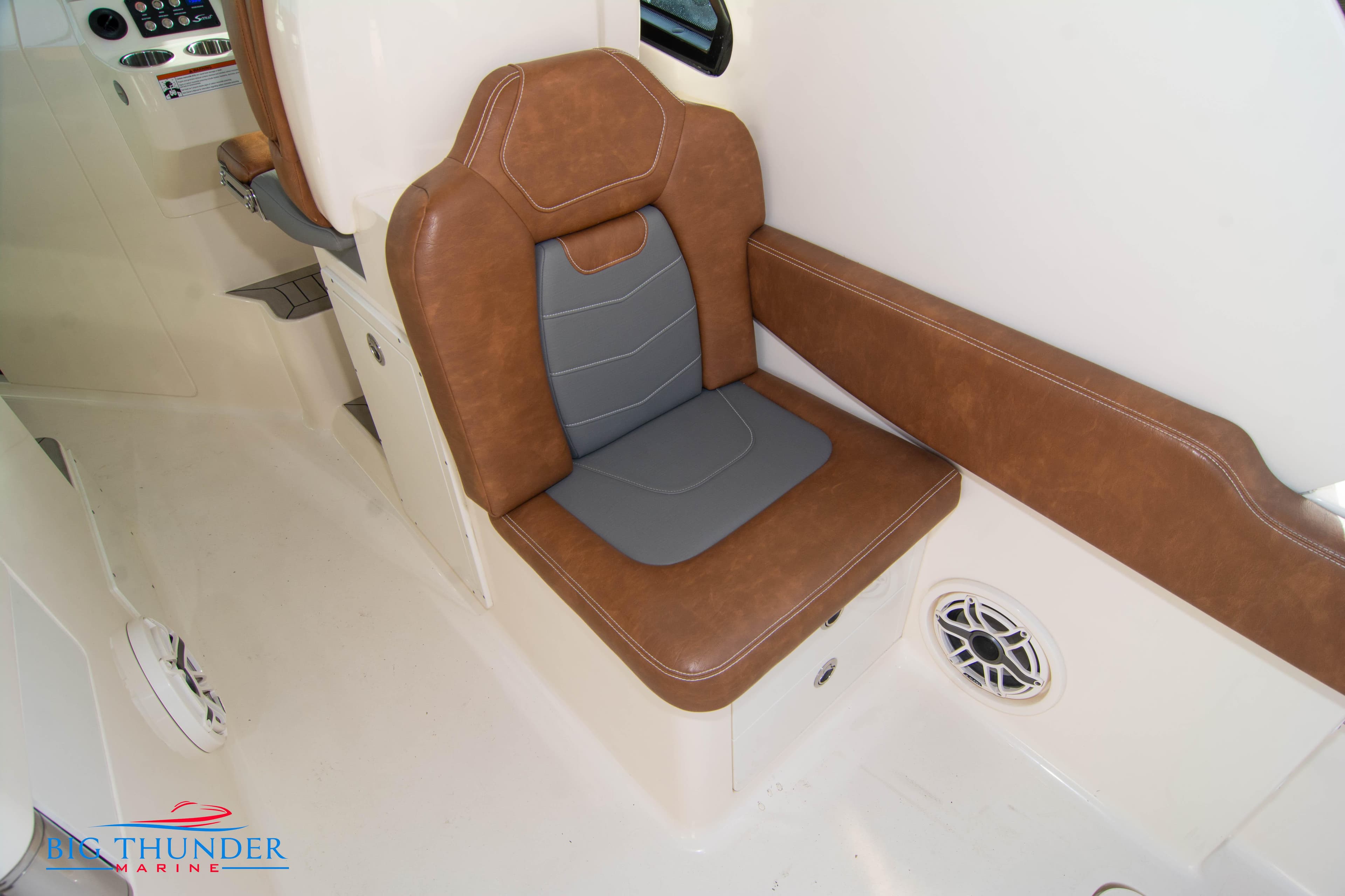 2022 Scout 350 LXZ boat interior with brown and gray seating.