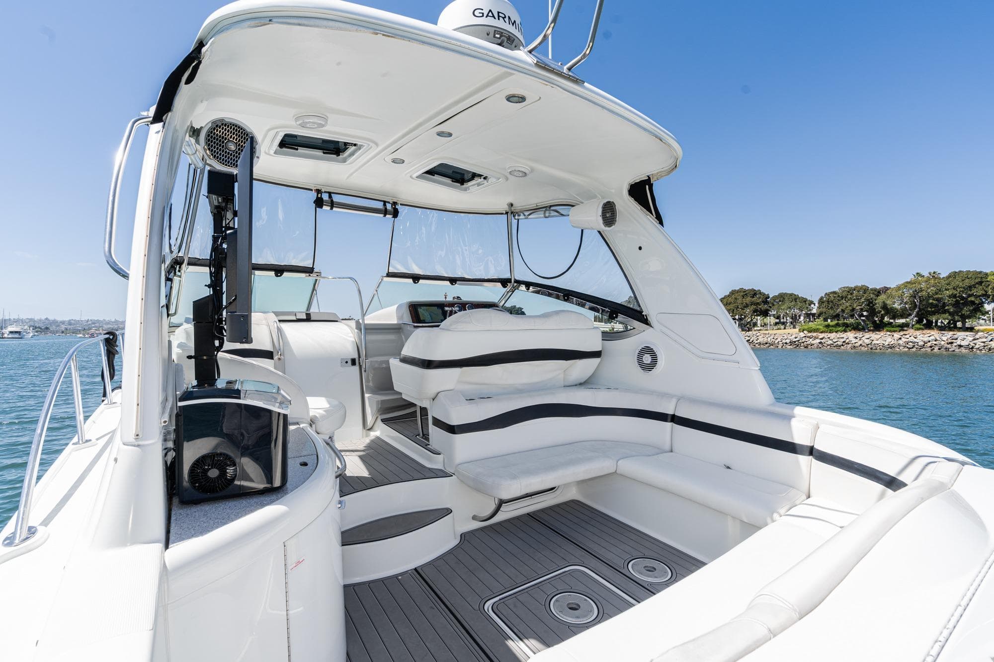2005 Formula 40 Performance Cruiser interior with sleek seating and modern amenities on open water.