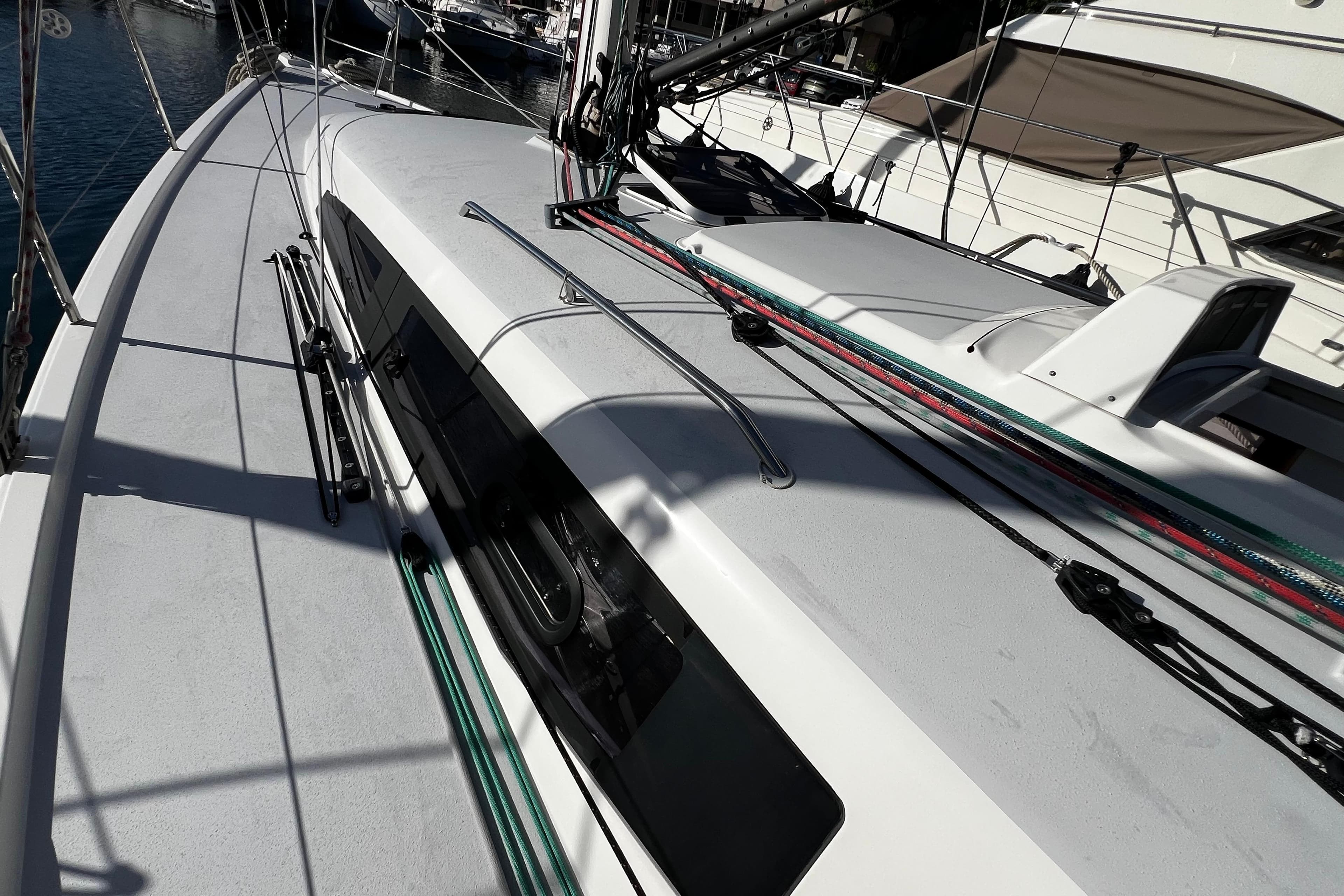 2018 J-Composites J/112E sailboat deck with rigging and sleek design.