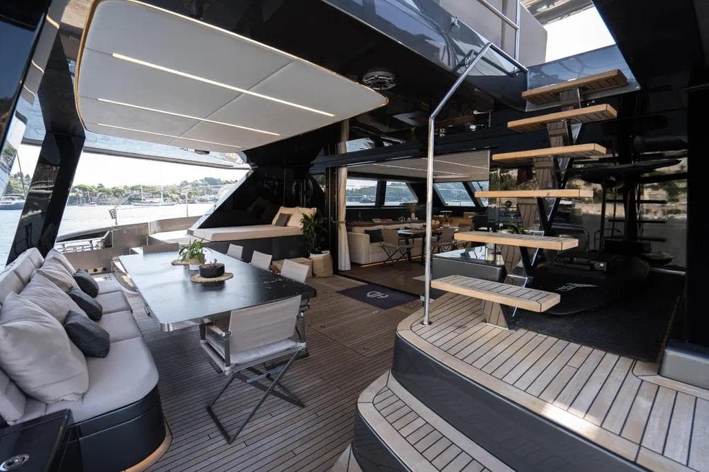 Luxurious Sunreef 60 Power Eco yacht interior, featuring elegant seating and modern design, 2024 model.