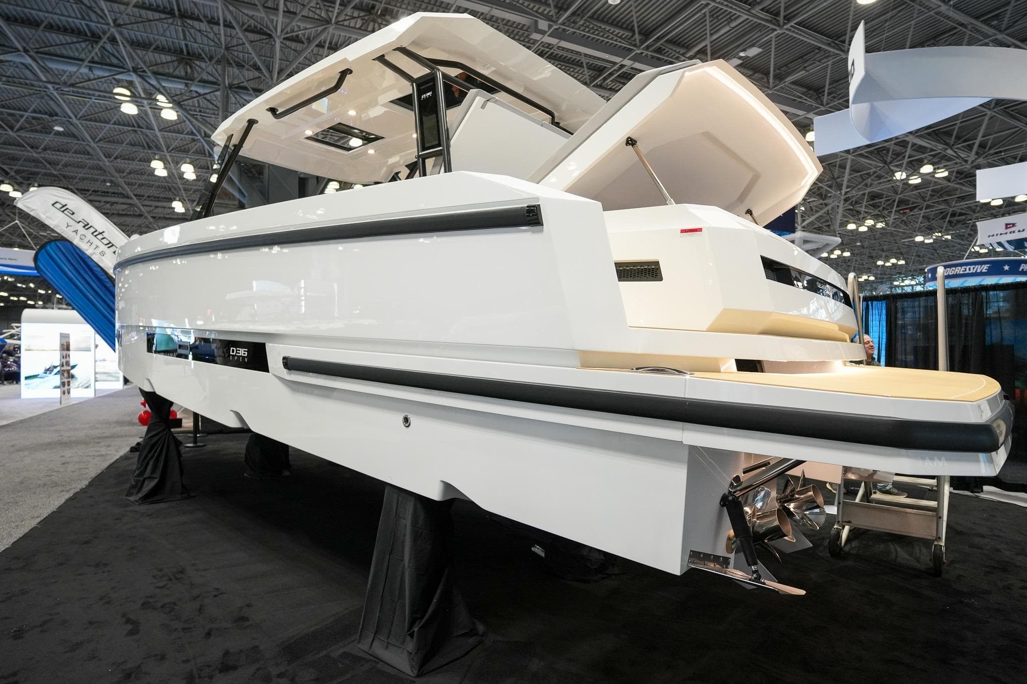 De Antonio Yachts D36, 2026 model, displayed at a boat show.