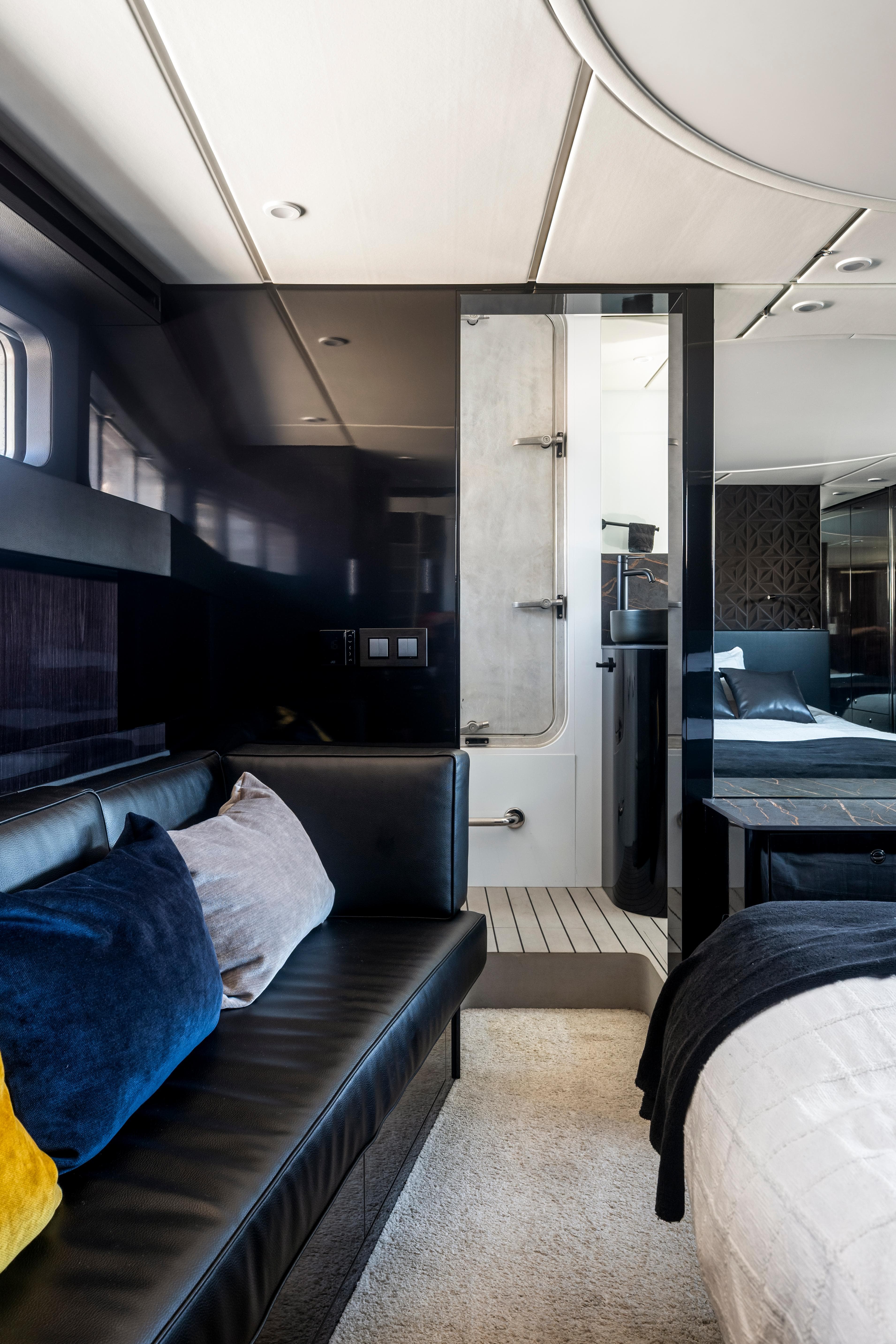Luxurious interior of 2022 Deo Juvante Ocean Passagemaker yacht with modern seating and sleek design.