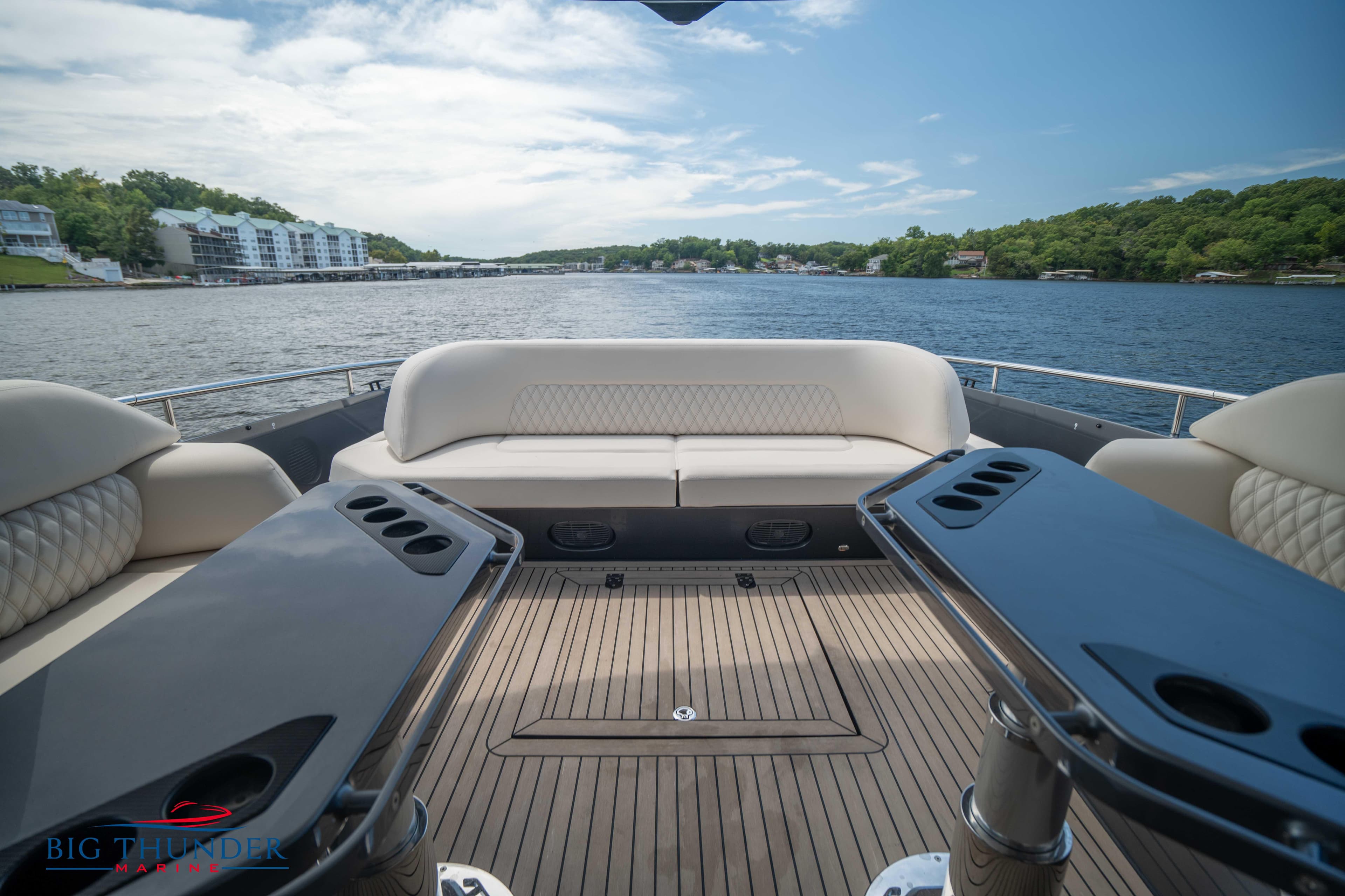 Luxurious 2024 Dutch American Iconic DA 50 yacht interior with scenic lake view.