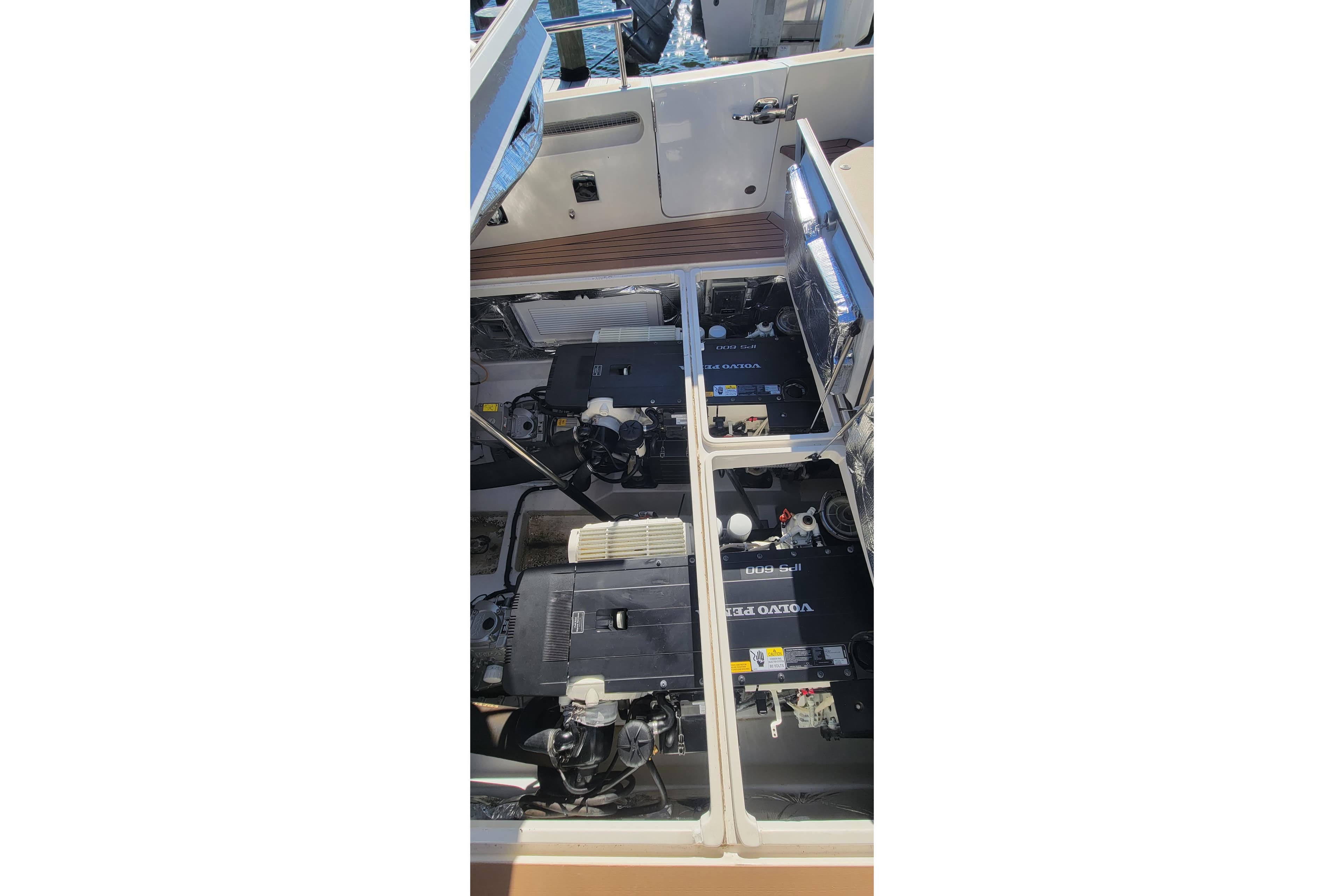Engine compartment of 2017 MJM 40z Downeast boat with Volvo Penta engines.
