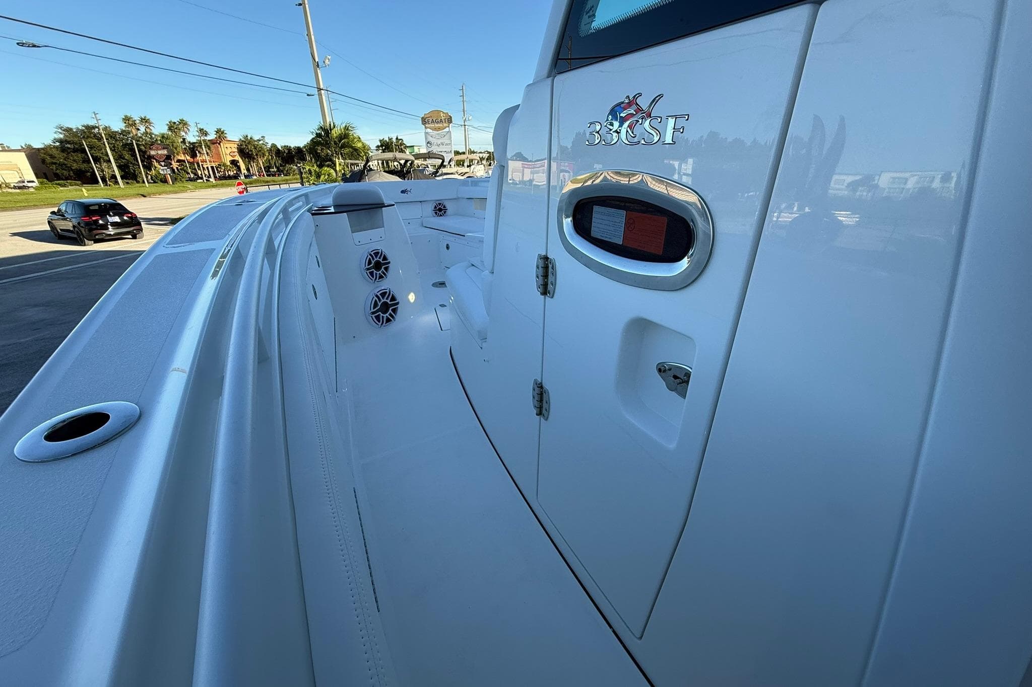 2026 Crevalle 33 CSF boat interior with speakers and storage compartments.