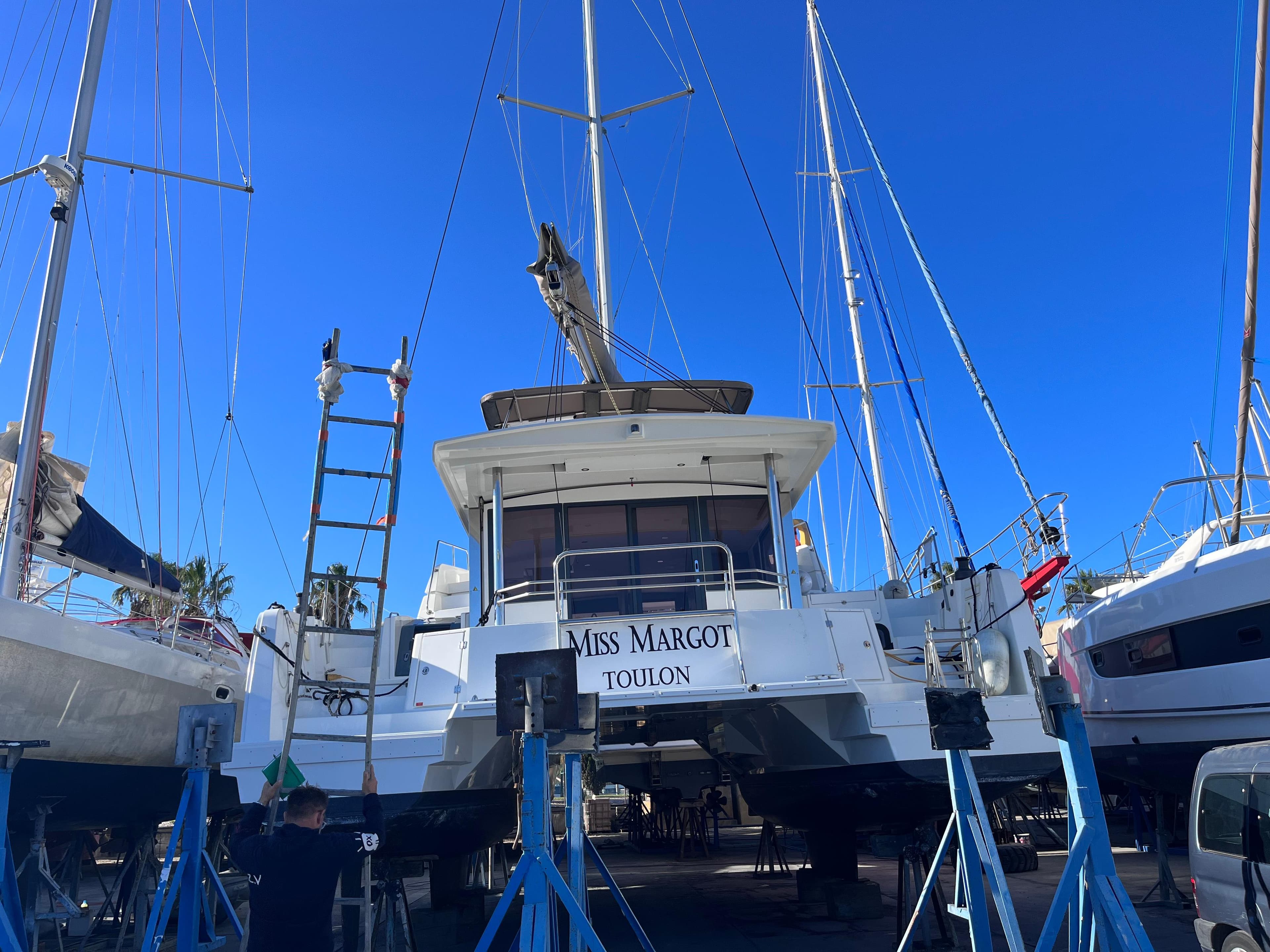 Bali 4.6 catamaran, 2021 model, named "Miss Margot," docked in Toulon.