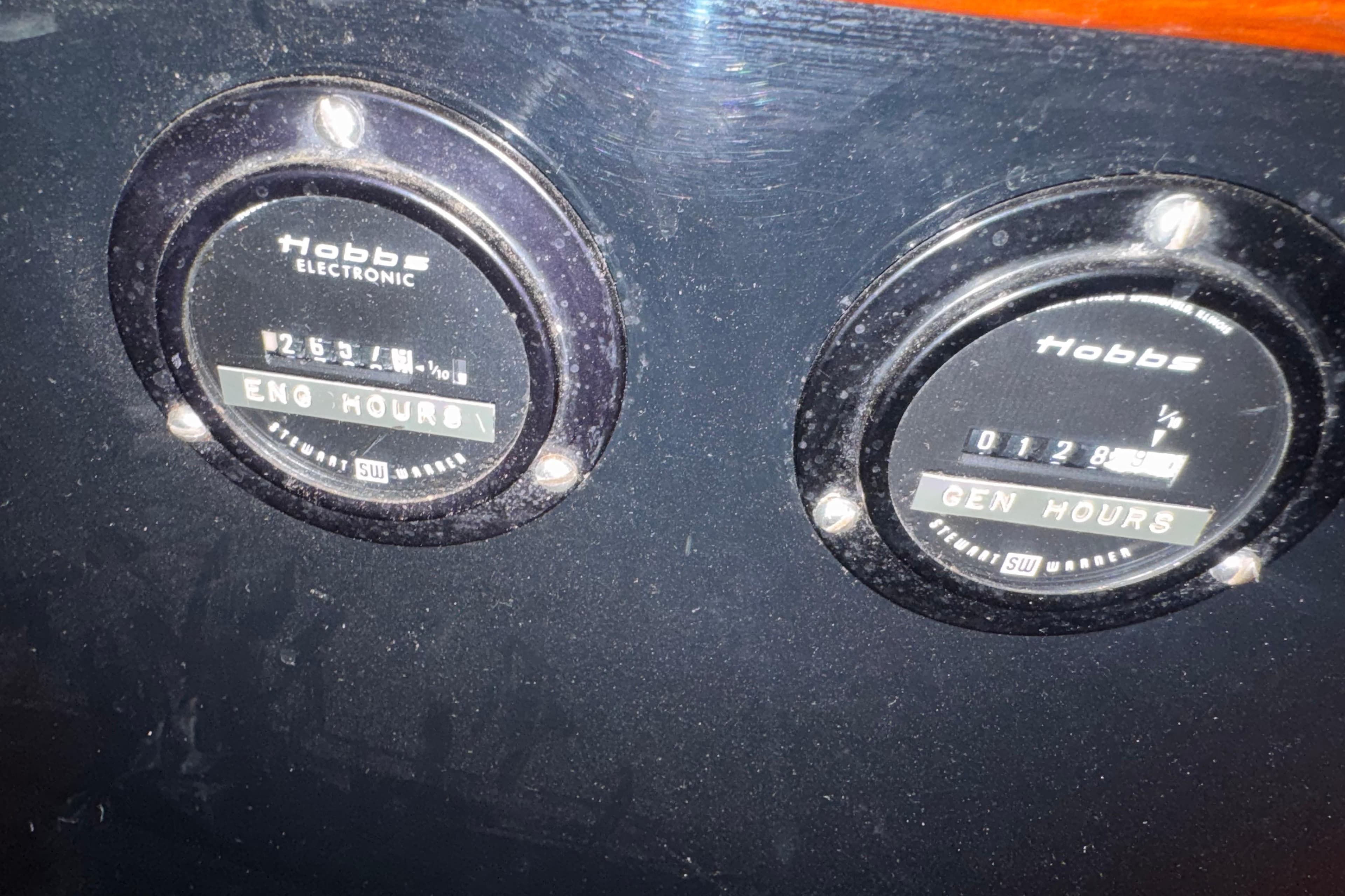 Hobbs hour meters on a 1978 Robert Perry 47, displaying engine and generator hours.