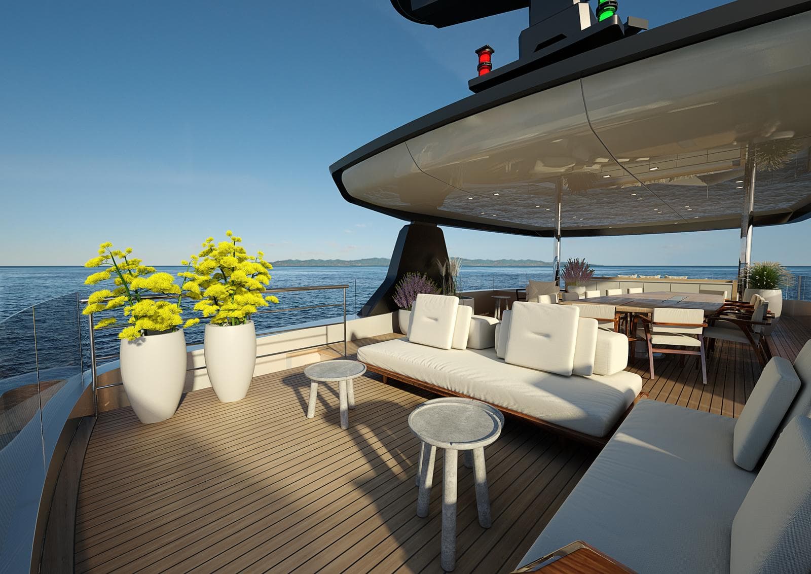 Luxurious deck of 2026 Custom Sirena yacht with modern seating and ocean view.