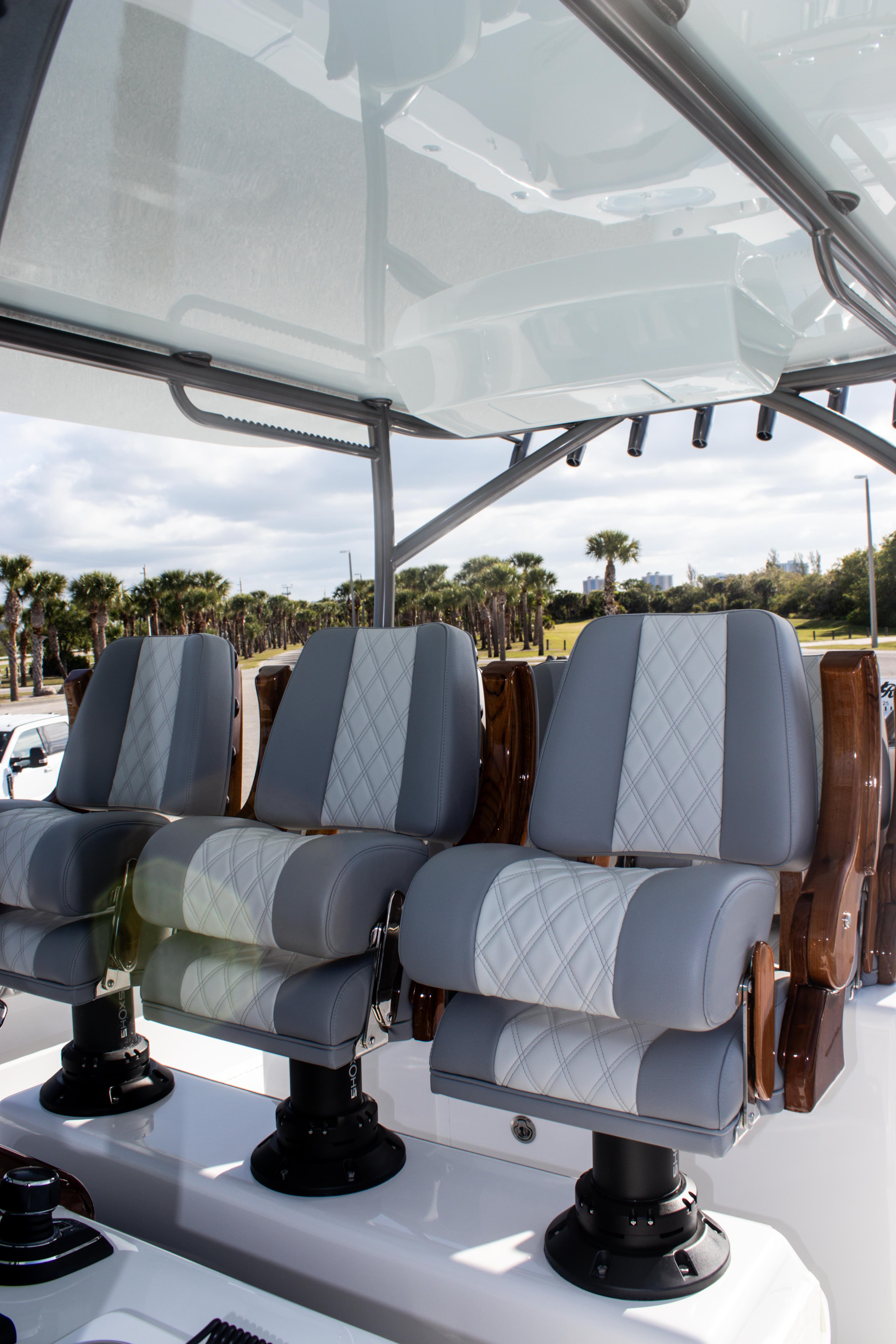 Luxury seating on 2026 Front Runner 43 Catamaran, featuring elegant design and comfort.