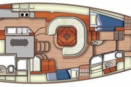2008 Discovery 55 yacht interior layout with cabins, kitchen, and seating area.
