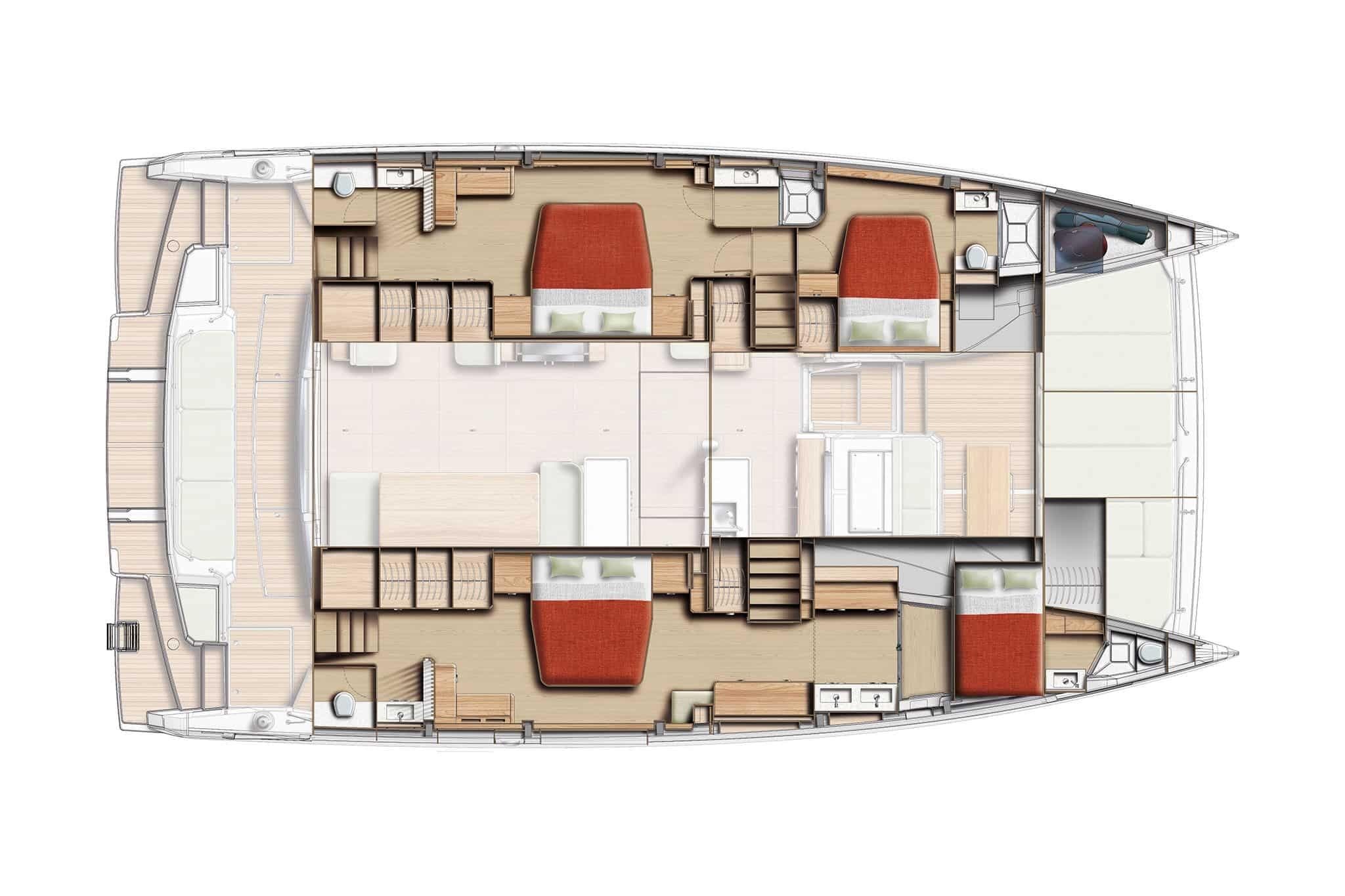 Floor plan of a 2026 Bali 5.8 catamaran, featuring multiple cabins and living spaces.