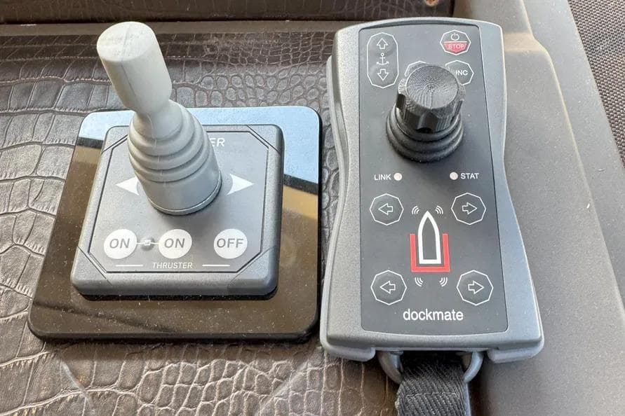 Control panel of a 2014 Azimut 45 yacht with joystick and dockmate system.