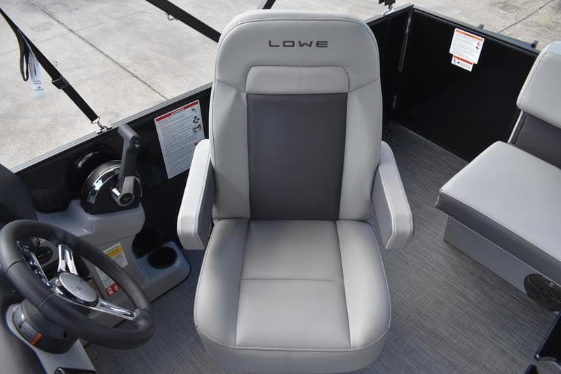 Captain's chair in 2026 Lowe LS 170 boat, featuring sleek gray upholstery and modern design.