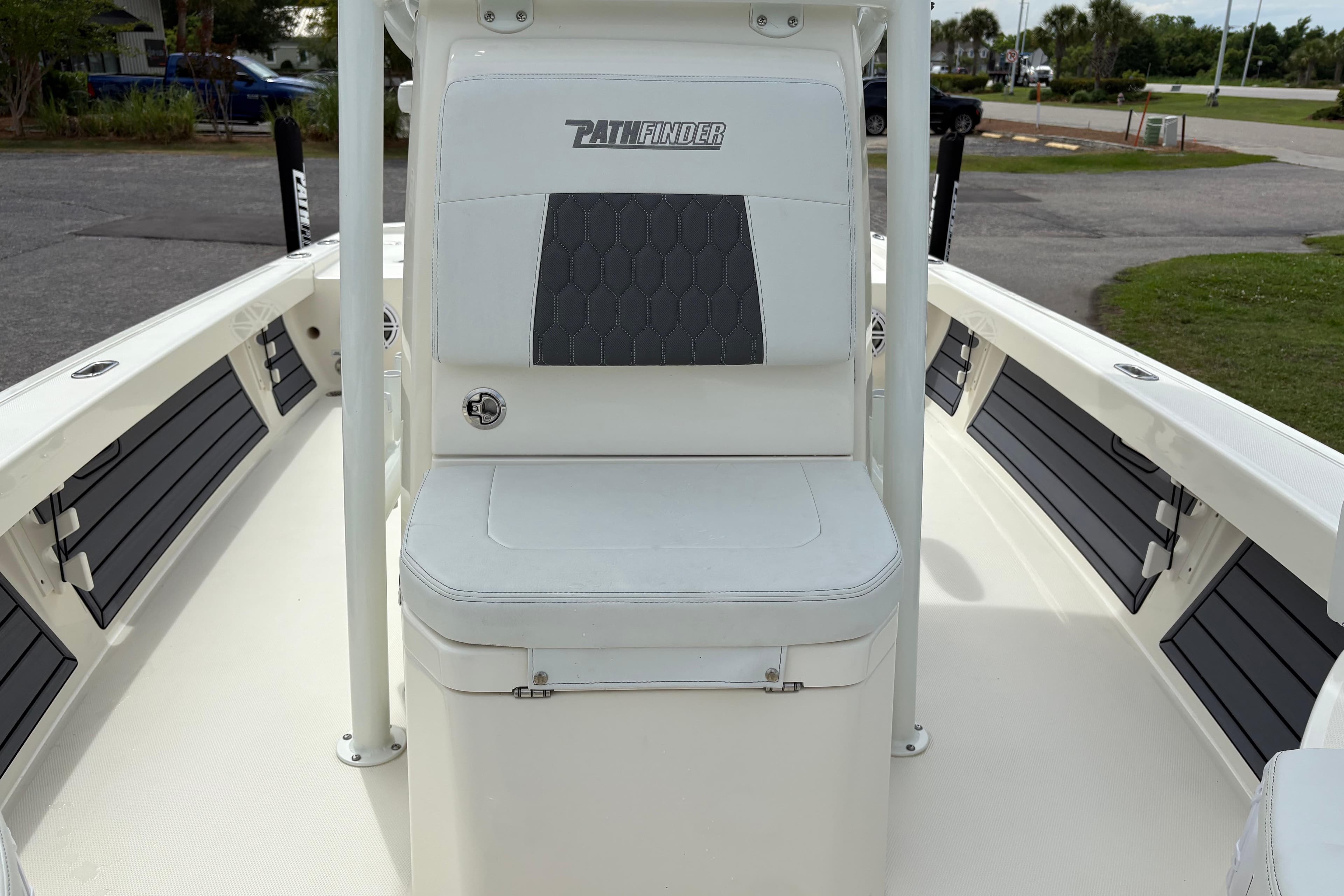 2025 Pathfinder 2200 TRS boat interior with seating and storage compartments.