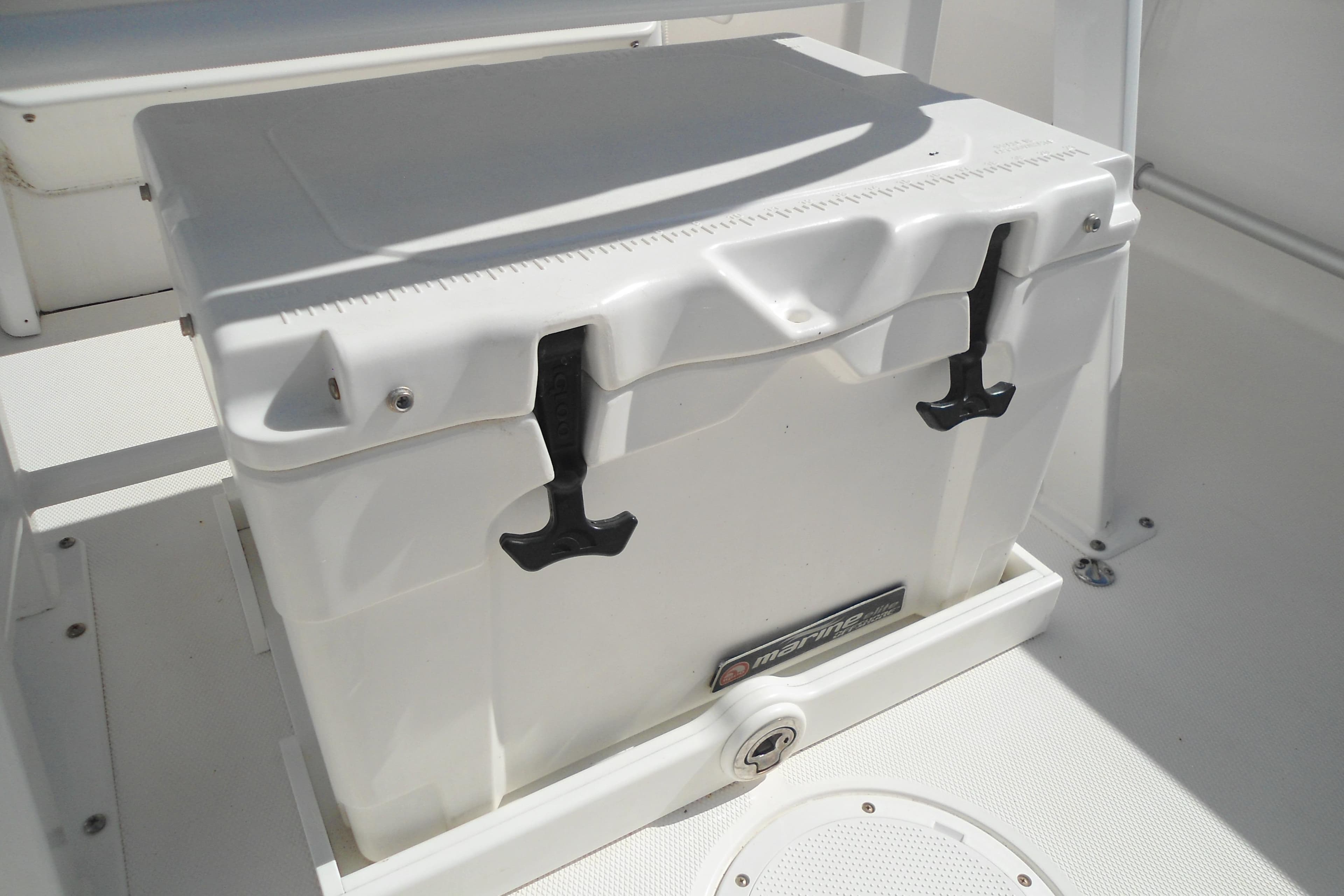 White cooler on 2019 Edgewater 230CC boat deck, secured with black latches.