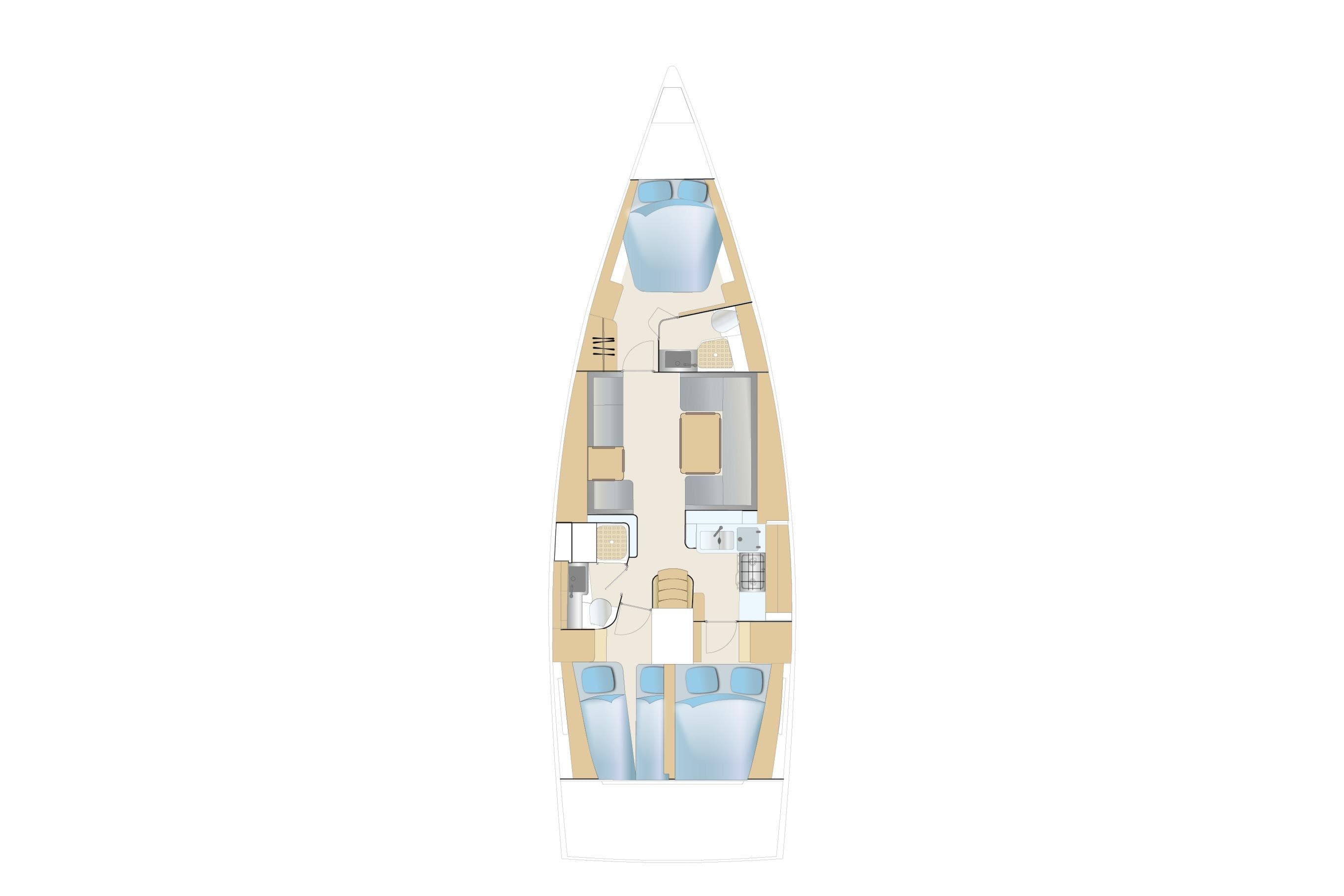 Floor plan of 2026 Dehler 46SQ yacht, showcasing interior layout and cabin arrangement.