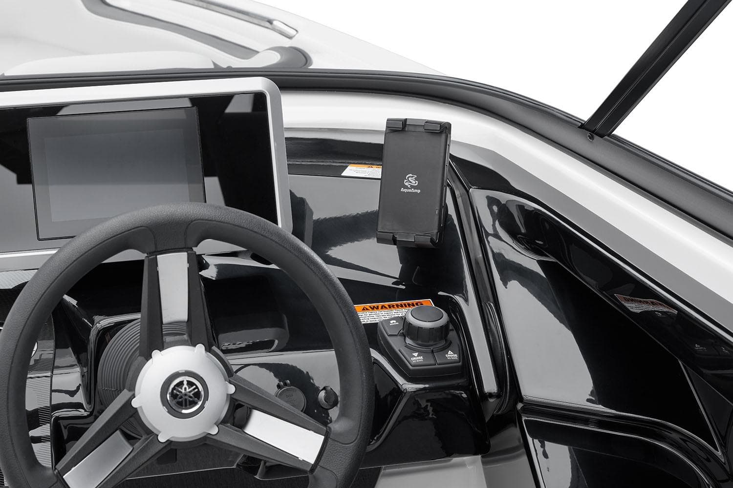Manufacturer Provided Image: 2026 Yamaha AR250 boat dashboard with steering wheel and navigation controls.