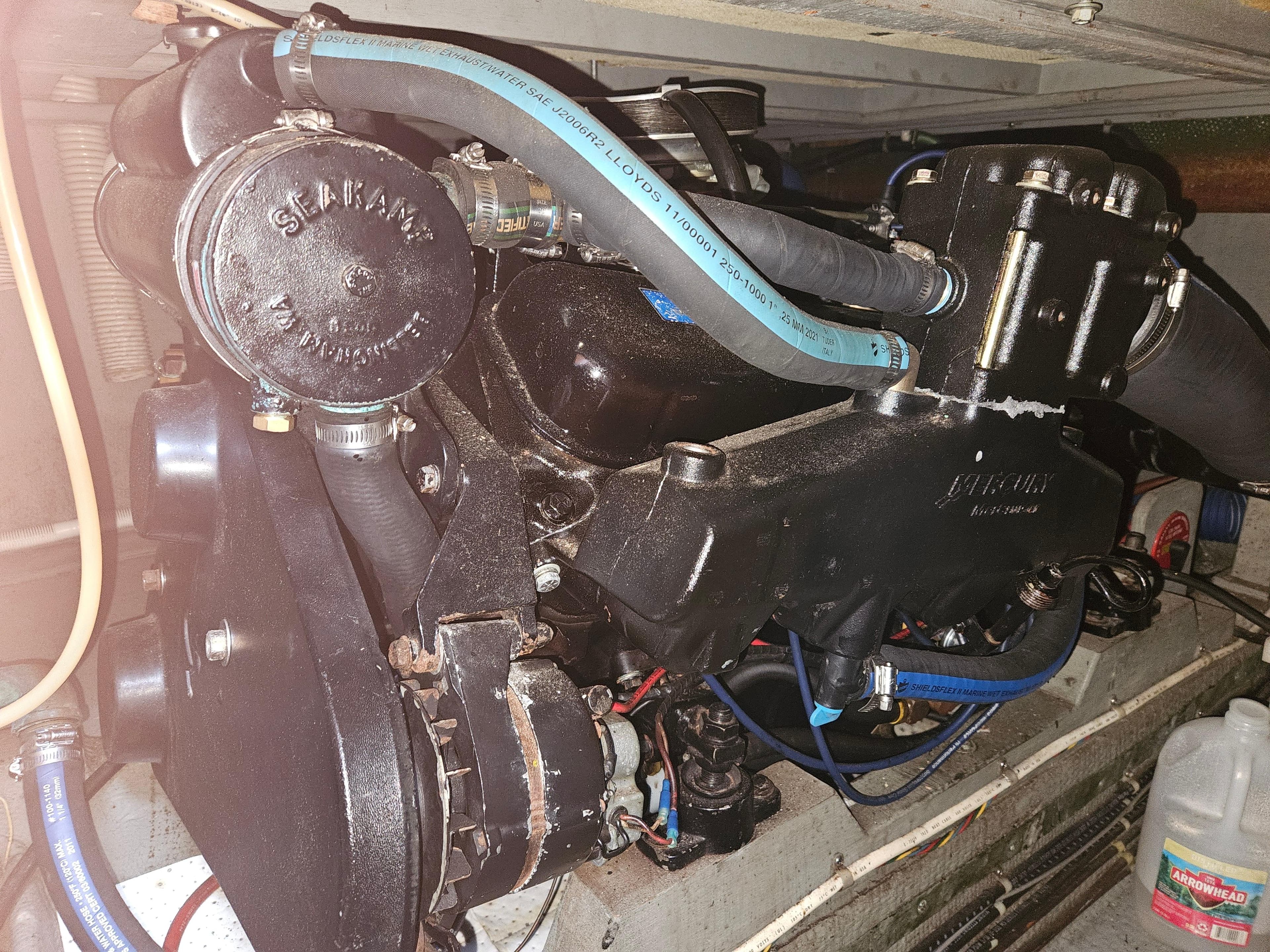 Engine compartment of a 1978 Tollycraft 37 Sport Sedan boat.