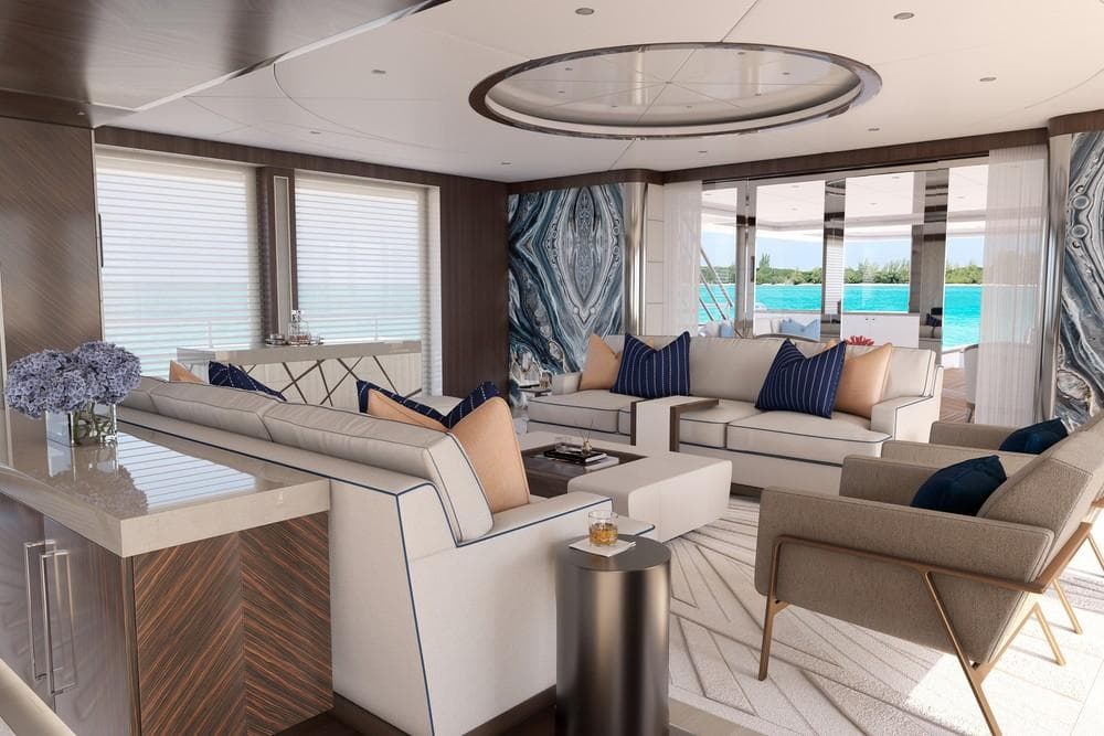 Luxurious yacht interior with modern decor, plush seating, and ocean view. Burger 55m, 2028 model.