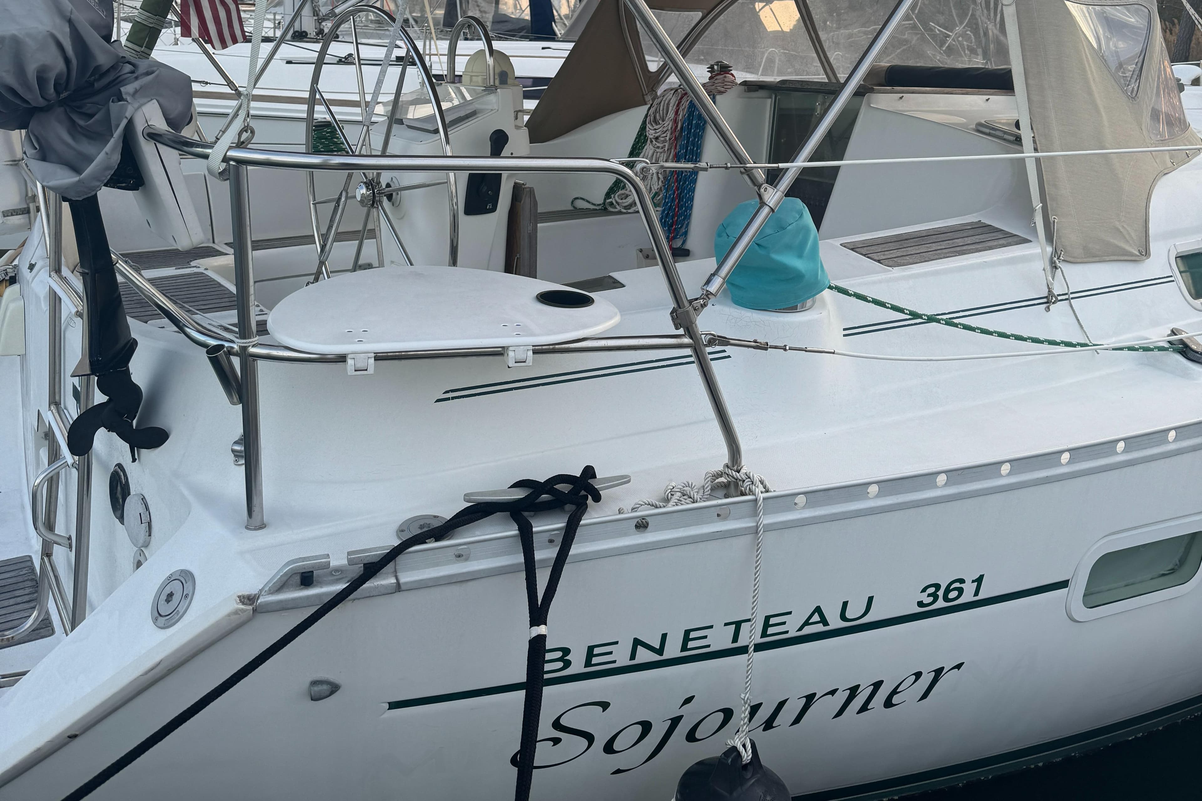 2001 Beneteau 361 sailboat named Sojourner docked at a marina.