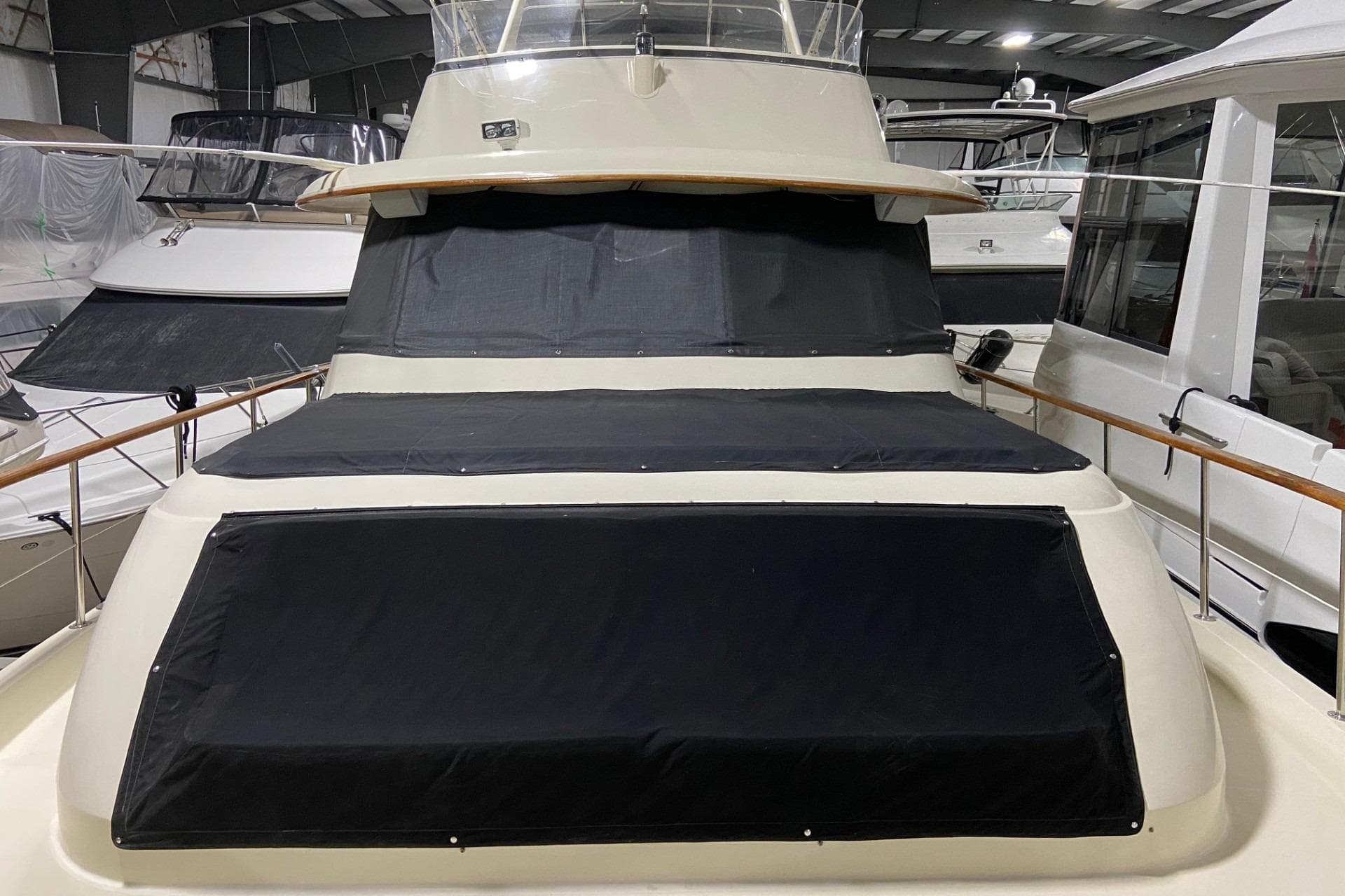 1985 Hatteras 53 Extended Deckhouse Motor Yacht in indoor storage.