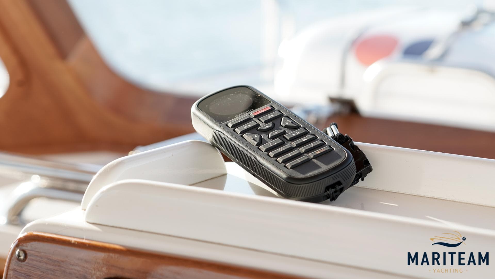 Handheld radio on Grand Banks Eastbay 38 HX yacht, 2000 model, by Mariteam Yachting.