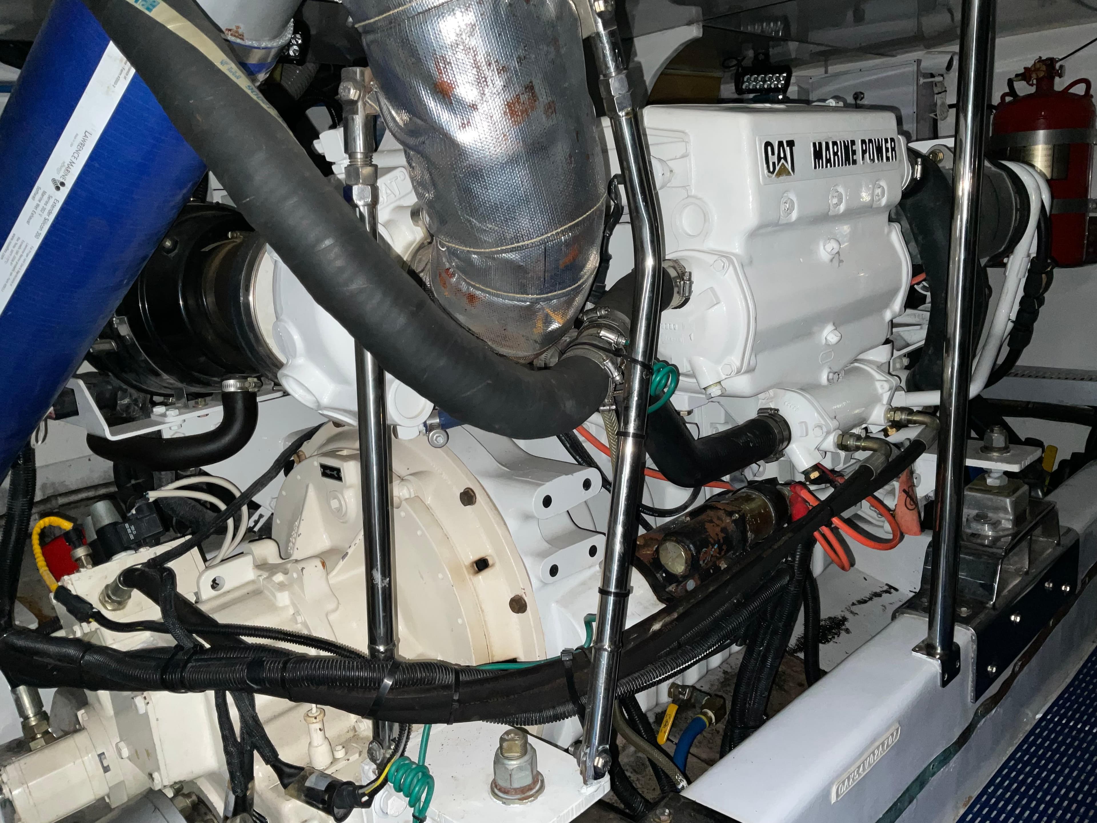 Engine room of 2007 Ocean Alexander 54V yacht with CAT marine power engine.