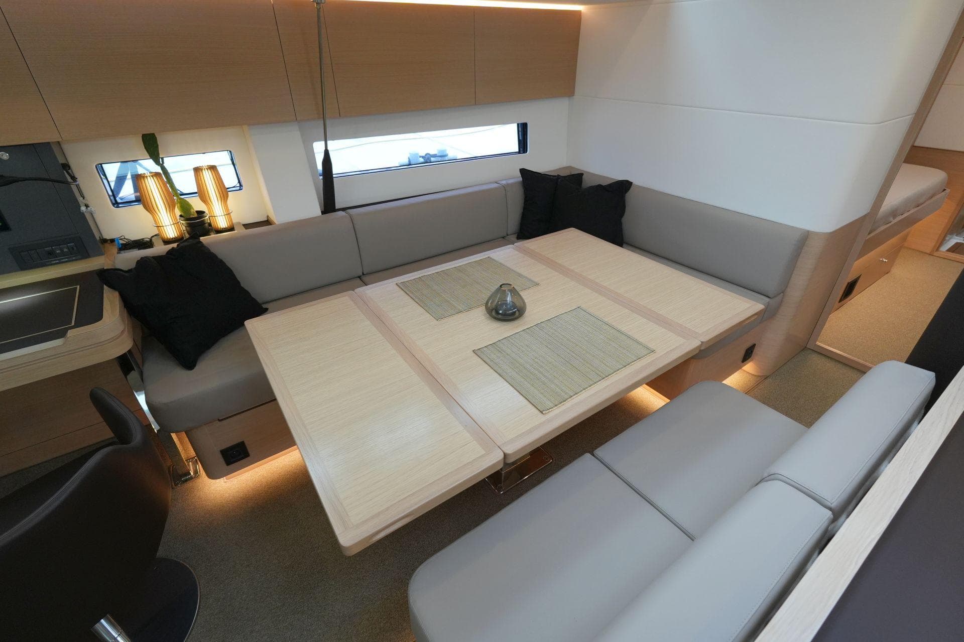 Interior of Amel 60 yacht, modern design, 2023 model.