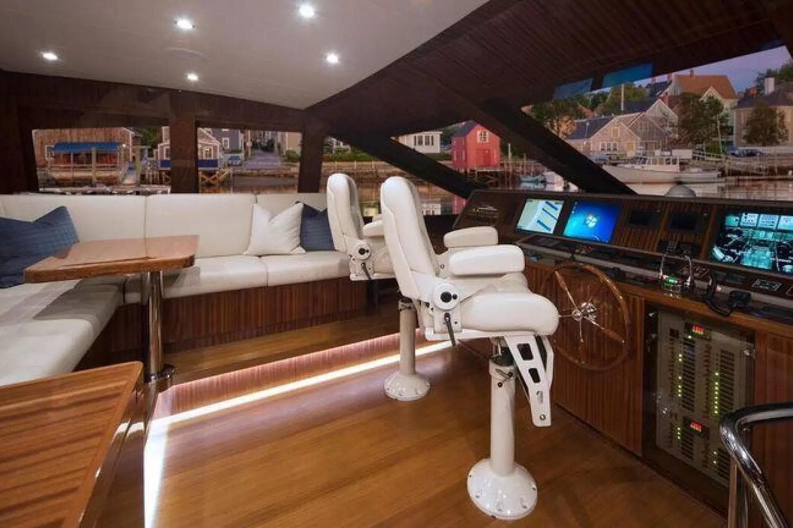 Luxurious 2016 Hargrave Raised Pilothouse interior with plush seating and advanced navigation controls.