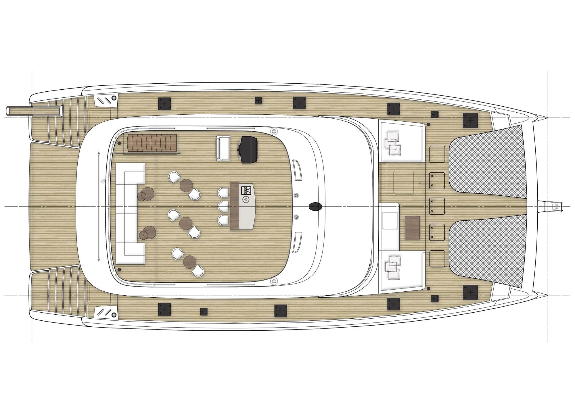 Top view of 2025 Sunreef 80 yacht layout, featuring spacious deck and seating areas.