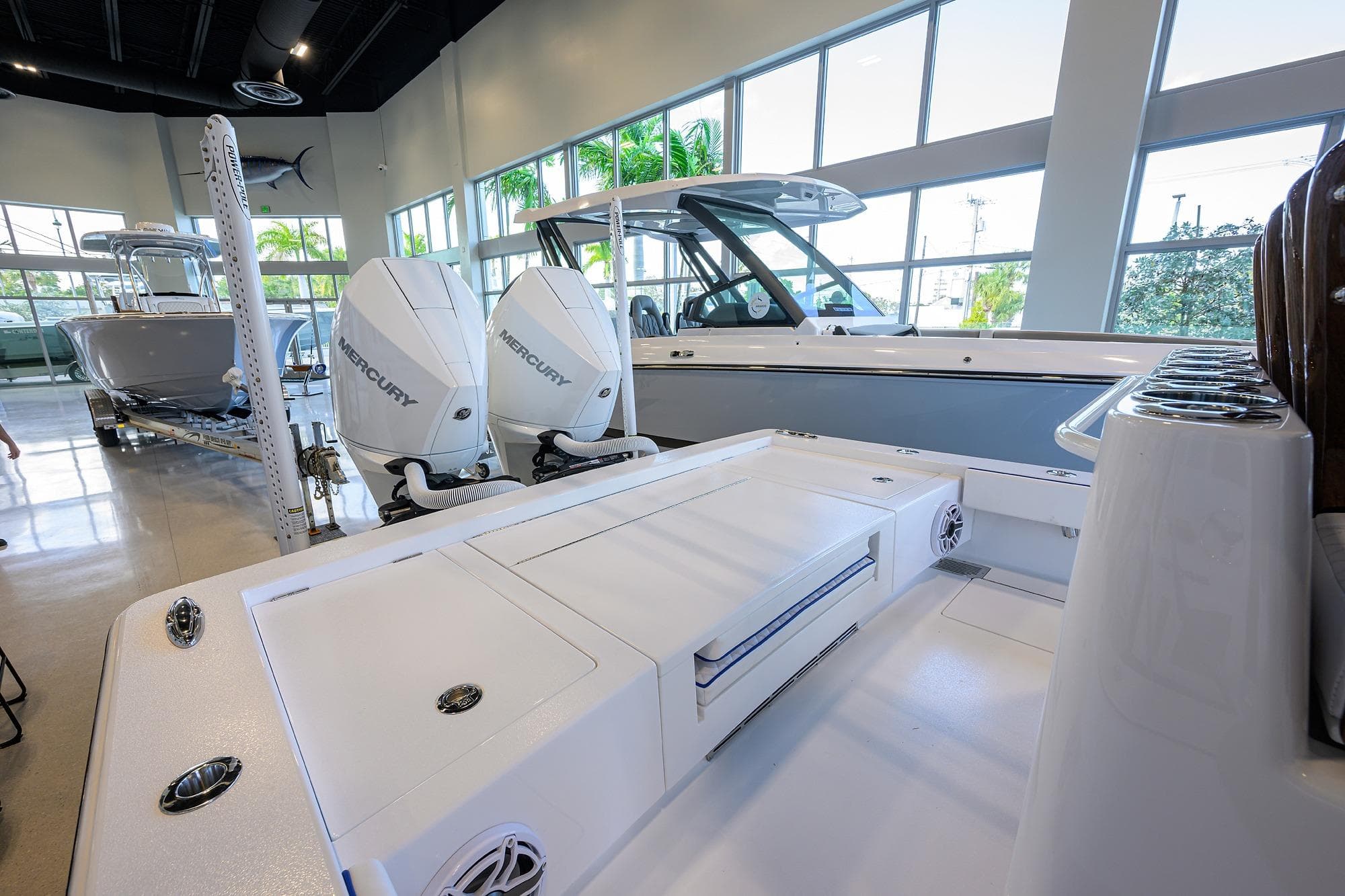2026 Valhalla Boatworks V-28 Bay with dual Mercury engines in showroom.