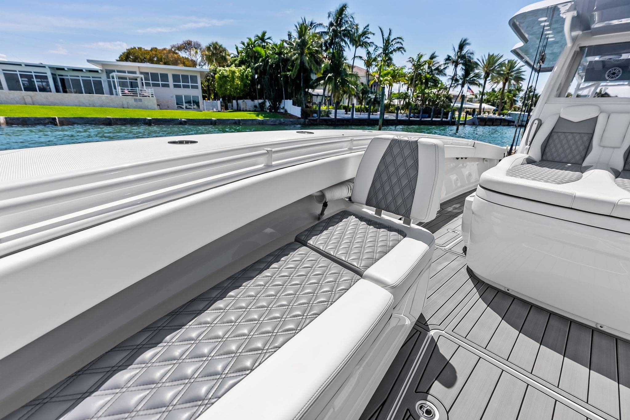 2024 Invincible 43 Open Fisherman boat interior with luxurious seating and sleek design.