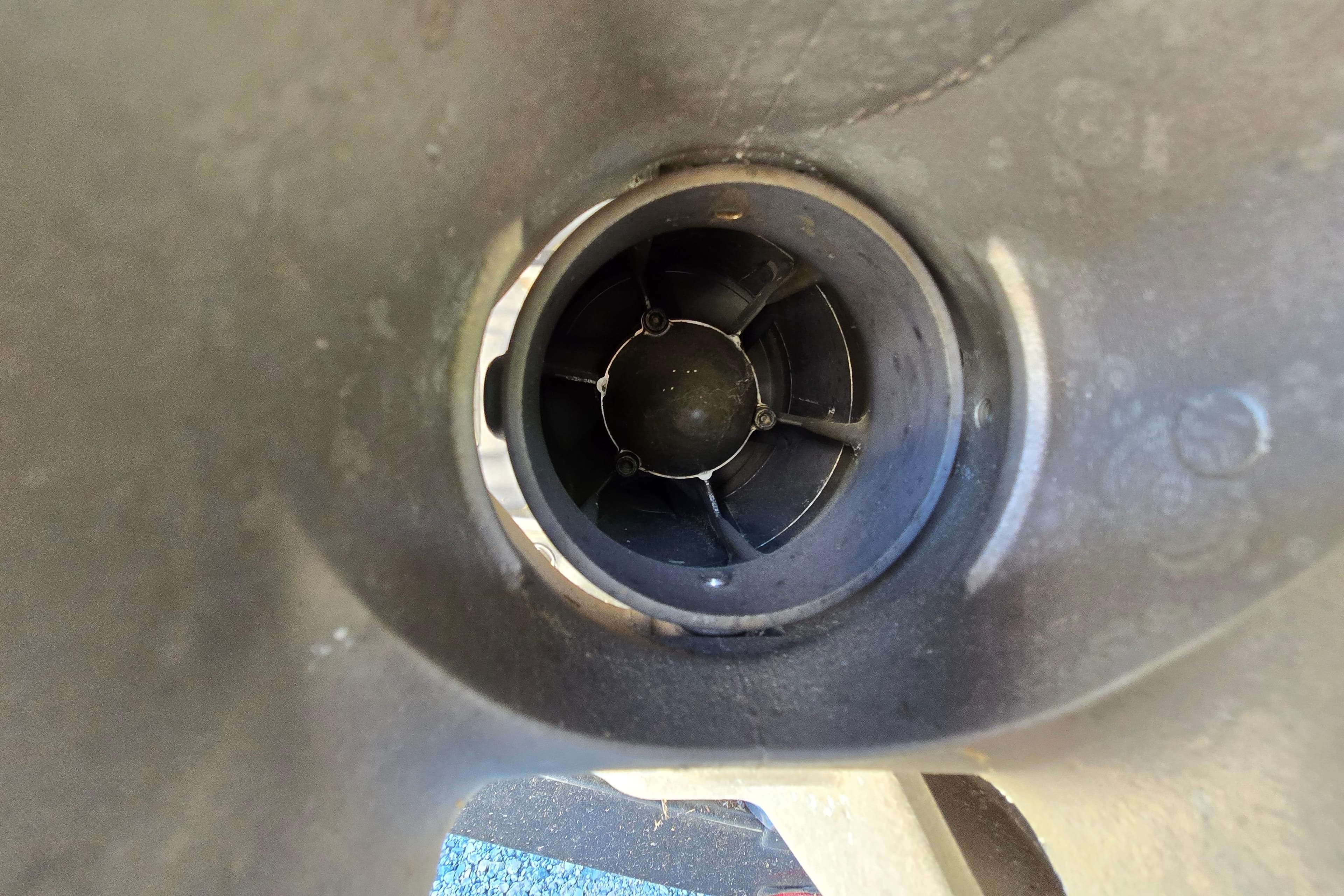 Close-up of a 2016 Yamaha Boats 242 Limited S E-Series jet propulsion system.