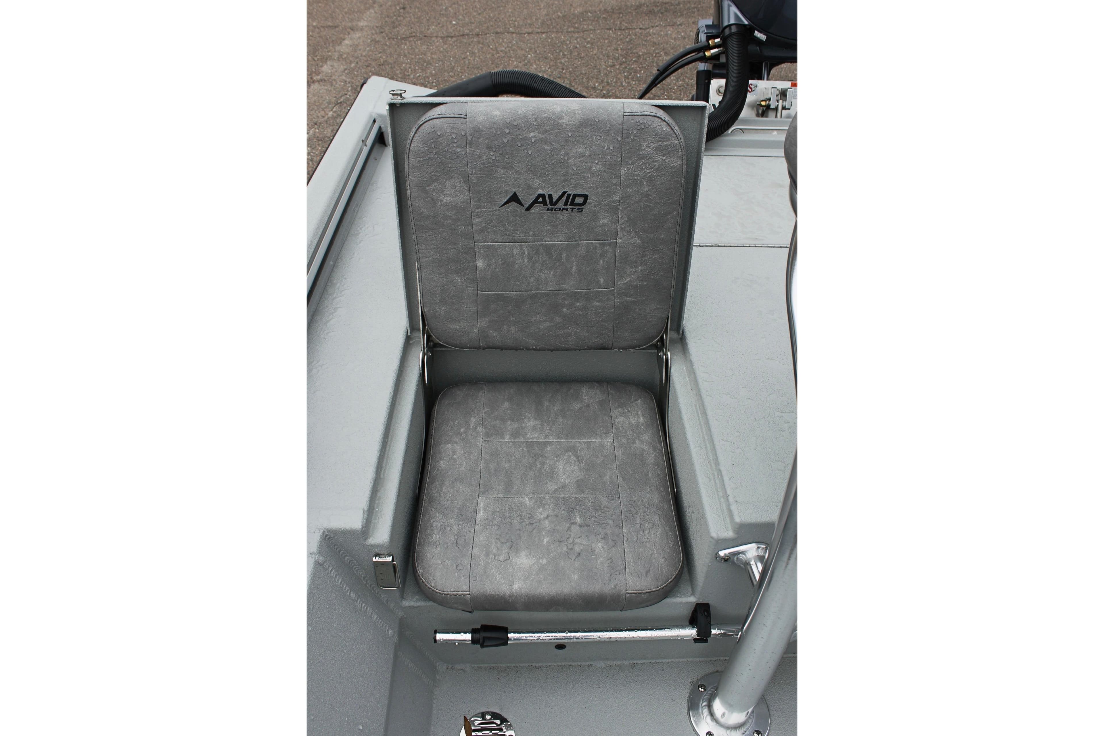 Gray seat of 2026 Avid 20 Rogue CC boat, featuring Avid logo.