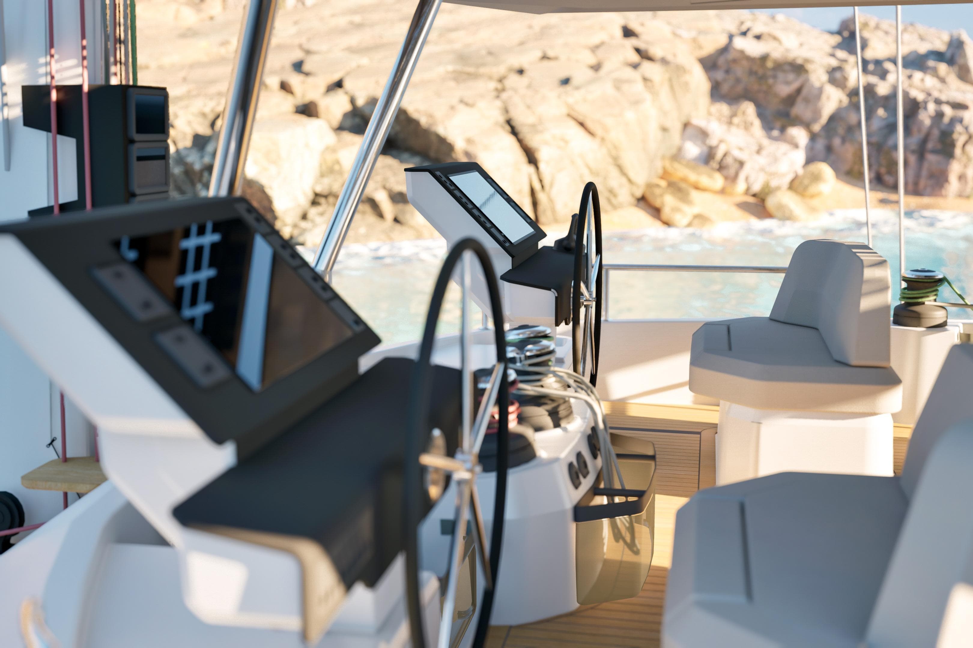 Luxurious 2027 Fountaine Pajot FPY 70S yacht cockpit with modern navigation equipment.