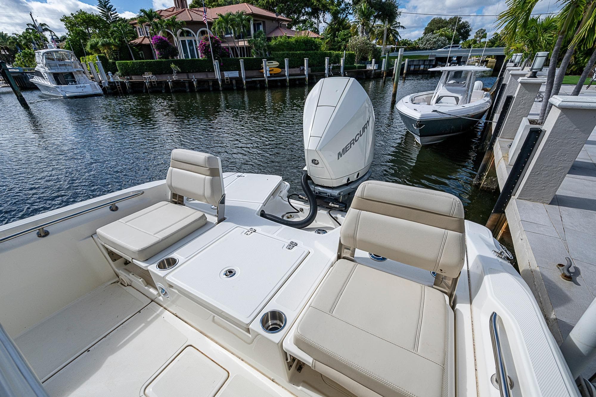 2023 Boston Whaler 250 Dauntless boat with Mercury engine docked by waterfront homes.
