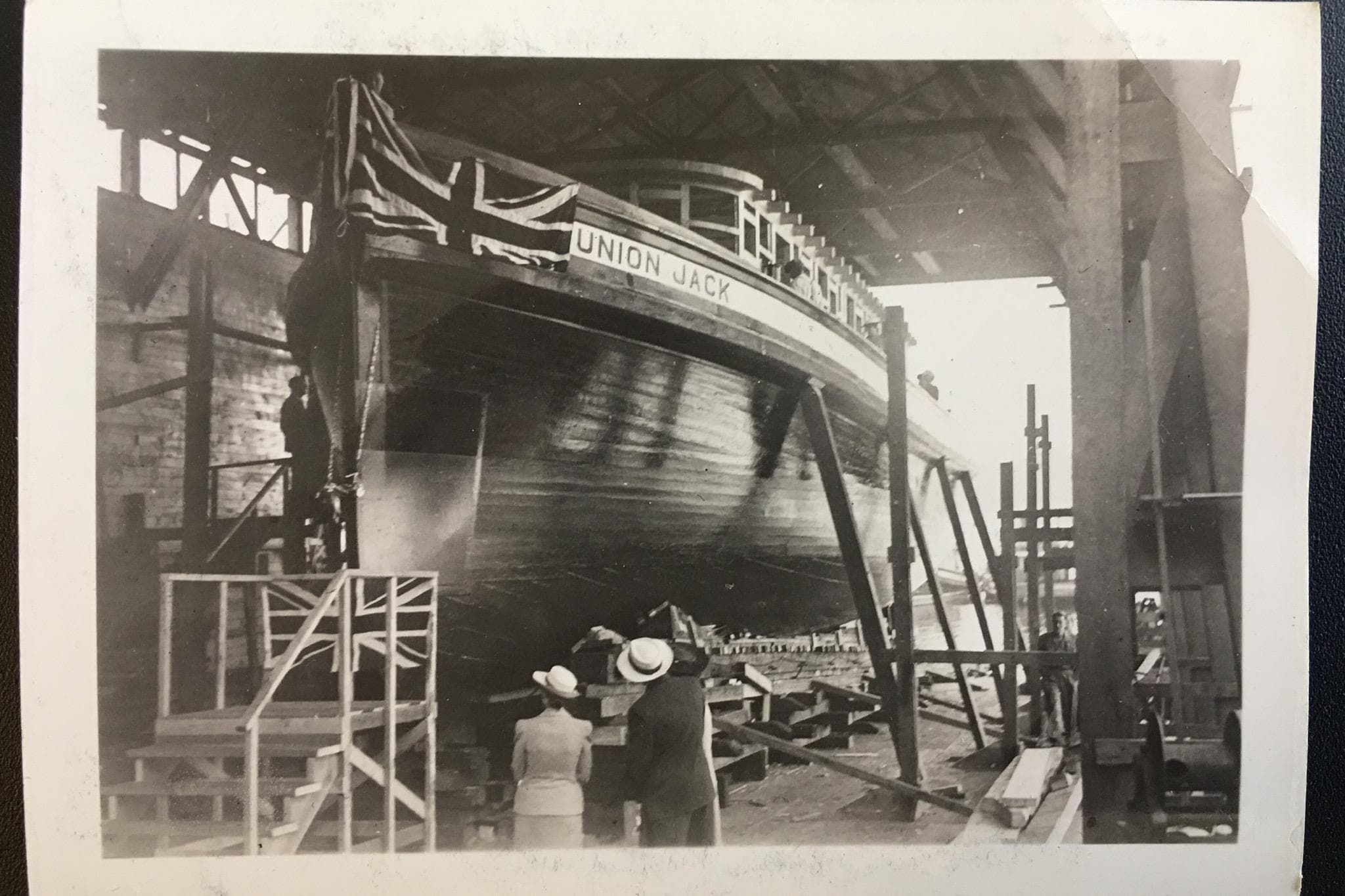 Vintage 1941 McKenzie Barge & Derrick Co. Ltd tugboat "Union Jack" in shipyard.
