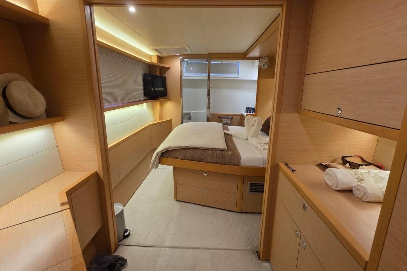 Luxurious cabin interior of 2019 Lagoon 52 F yacht with modern amenities and elegant design.
