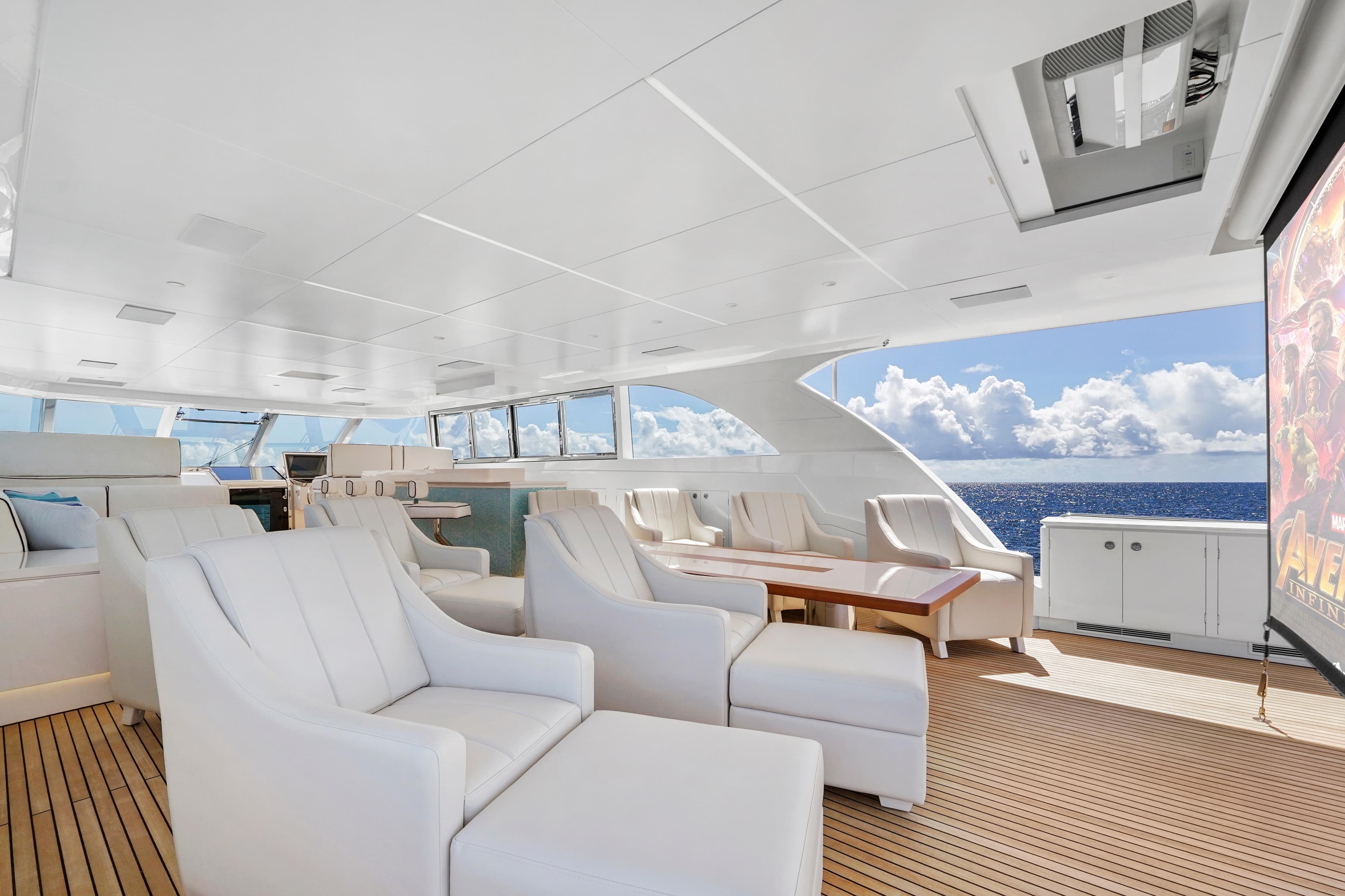 Luxurious Horizon 122RP yacht interior with white seating, ocean view, and entertainment screen, 2025 model.