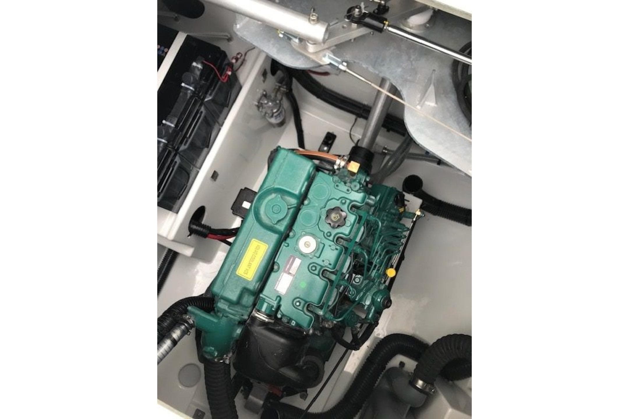 Engine compartment of 2021 Fountaine Pajot Astrea 42 catamaran, showcasing mechanical components.