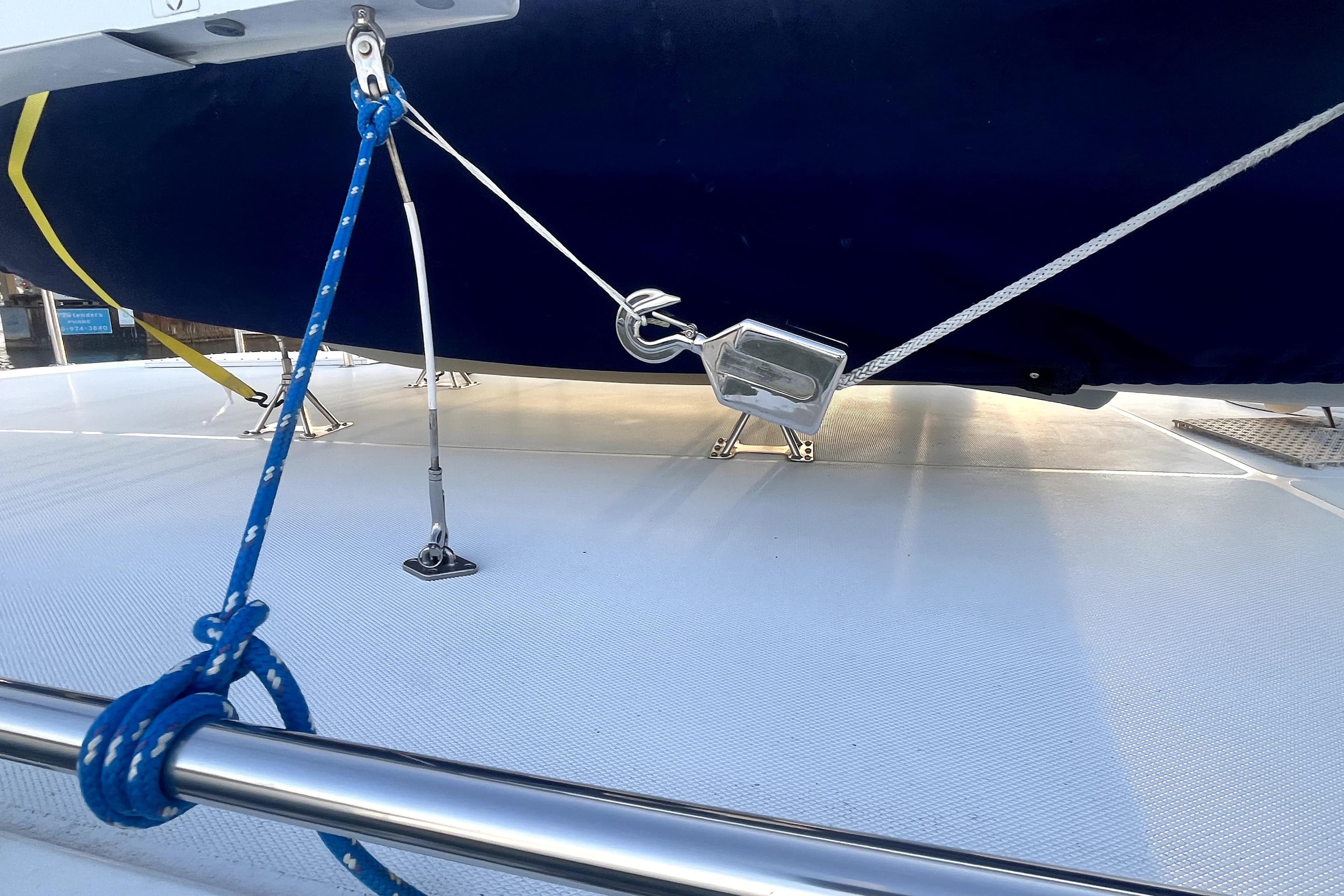 Nordic Tug 42 (2008) with secured ropes and anchor on deck.