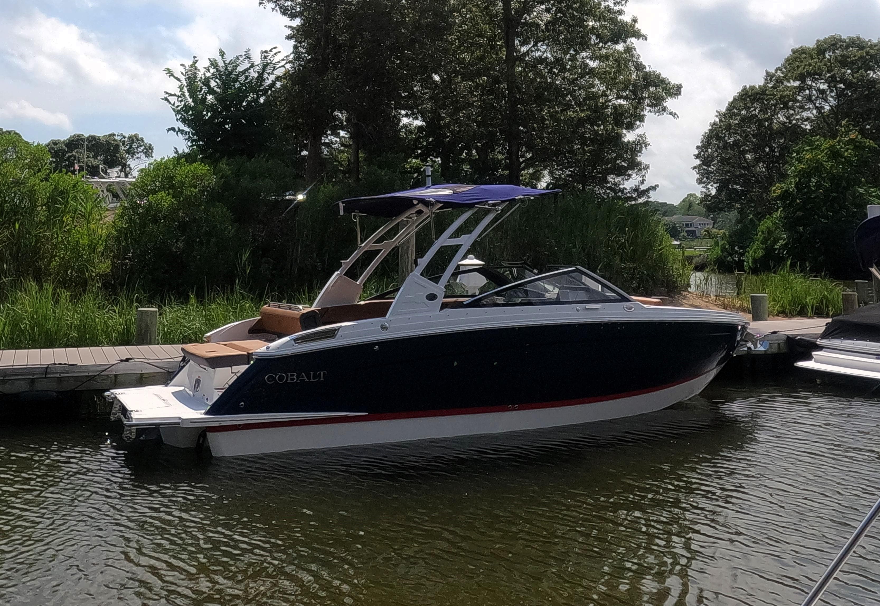 2026 Cobalt R6 boat docked by lush greenery and calm waters.