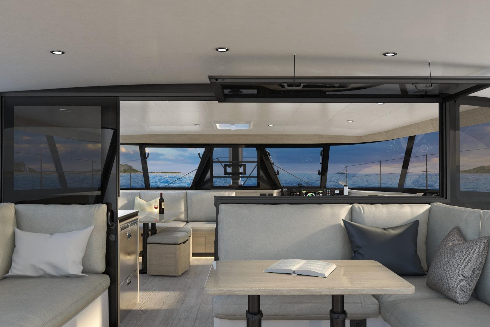 Luxurious interior of 2026 HH Catamarans HH52 with ocean view and modern furnishings.