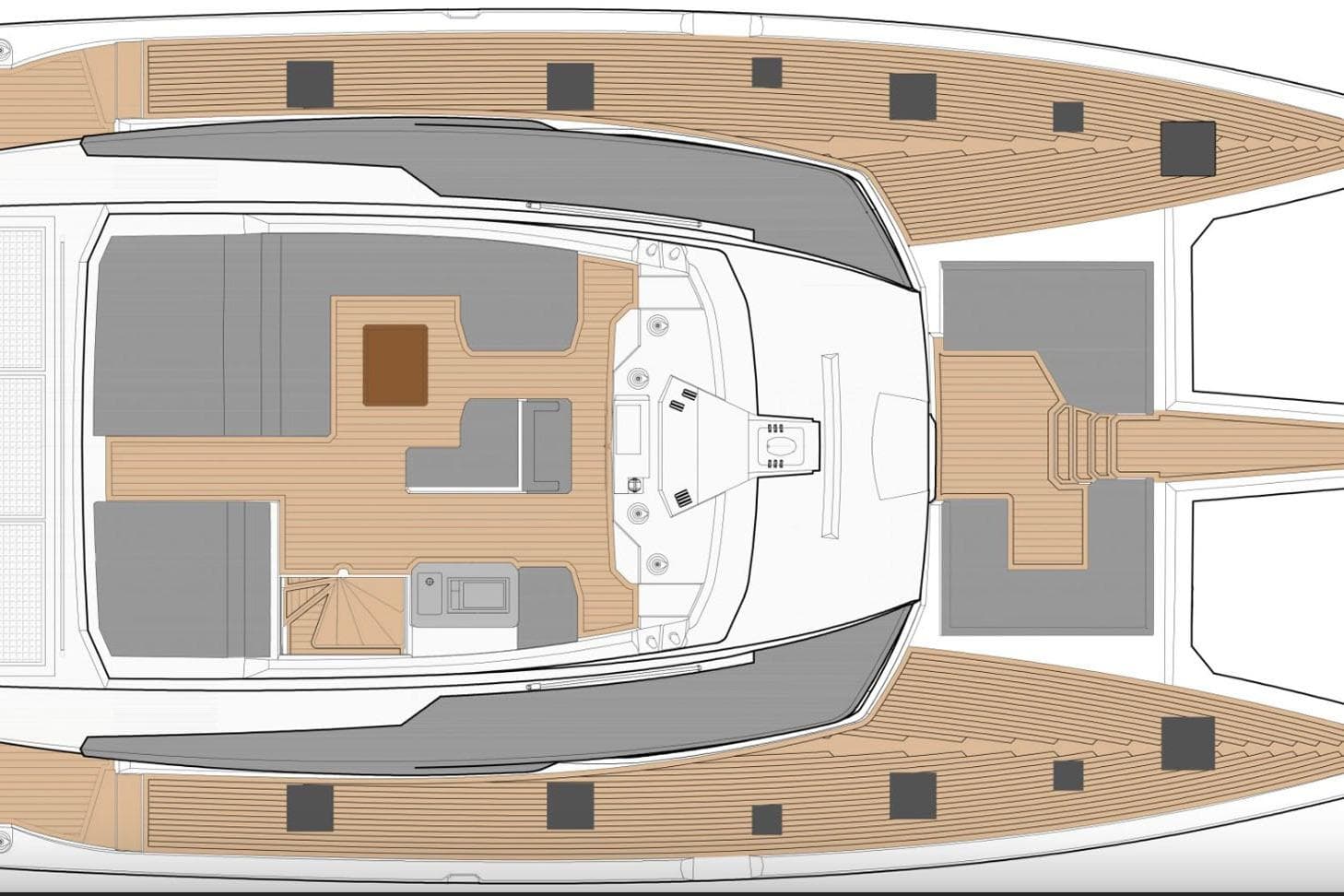 Top view layout of 2025 Fountaine Pajot Samana 59 catamaran, showcasing deck and interior design.