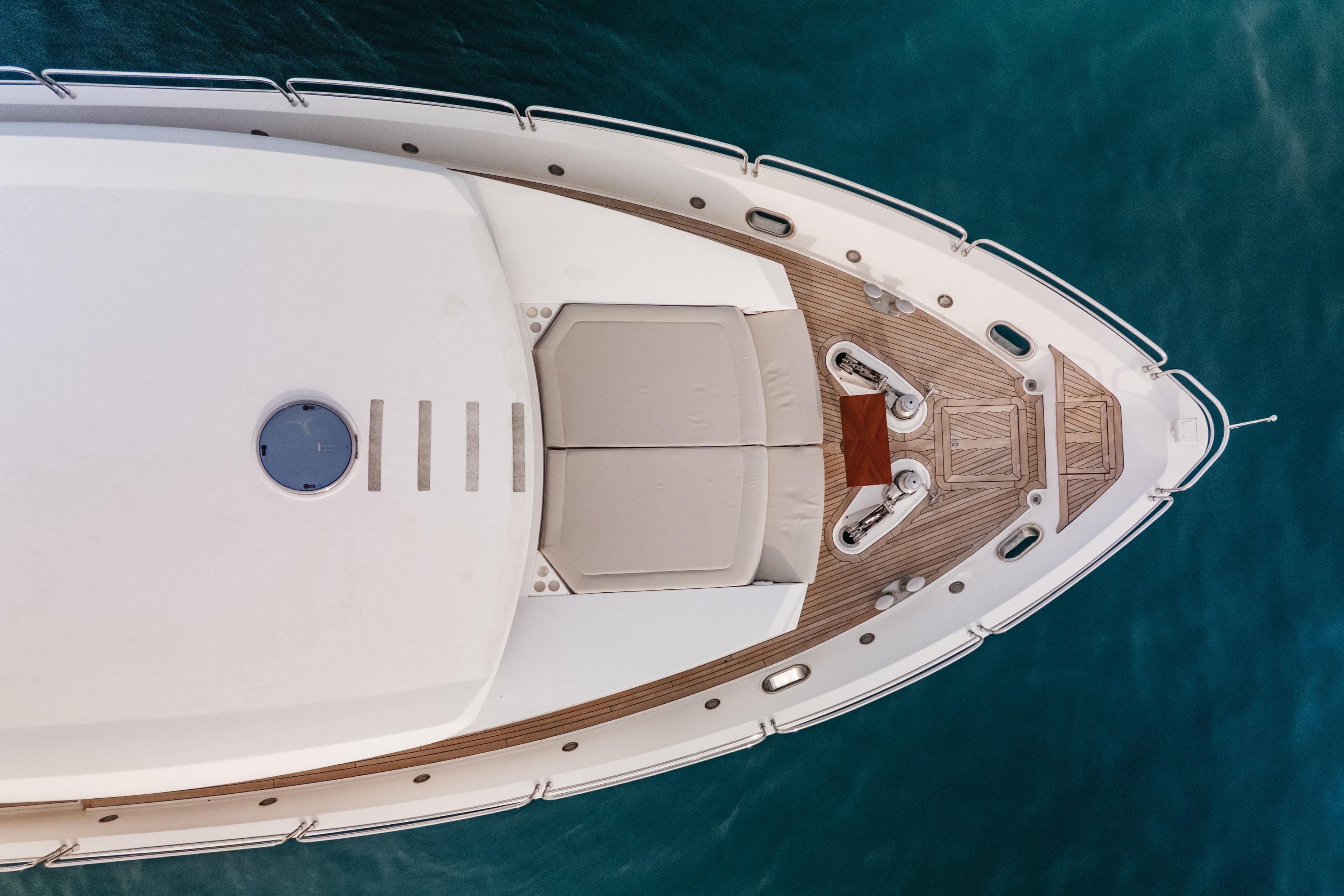 Top view of 2009 Sunseeker 30 Metre Yacht's bow with teak decking.