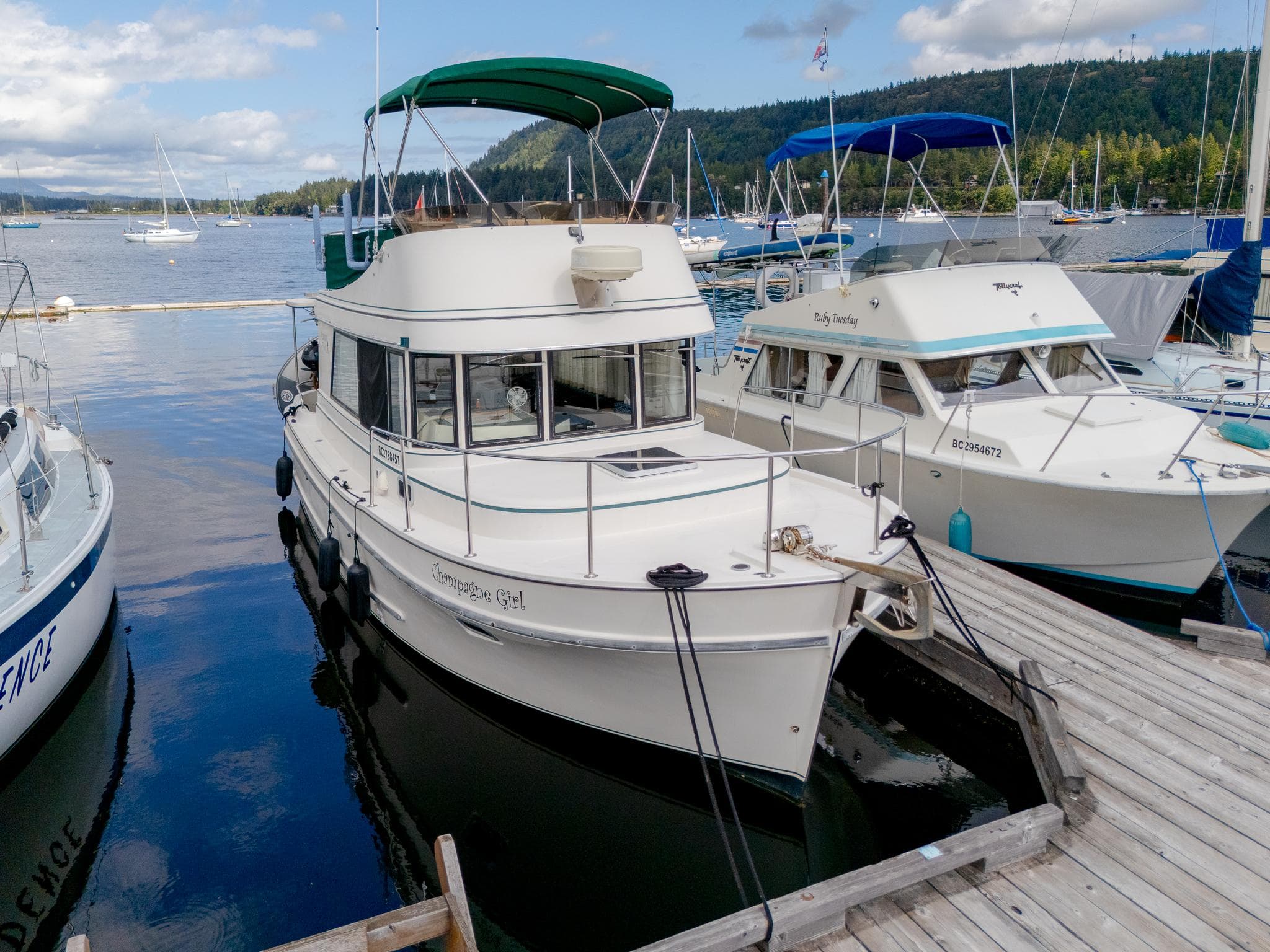 1996 Camano 31 boat docked in harbor, surrounded by other boats.
