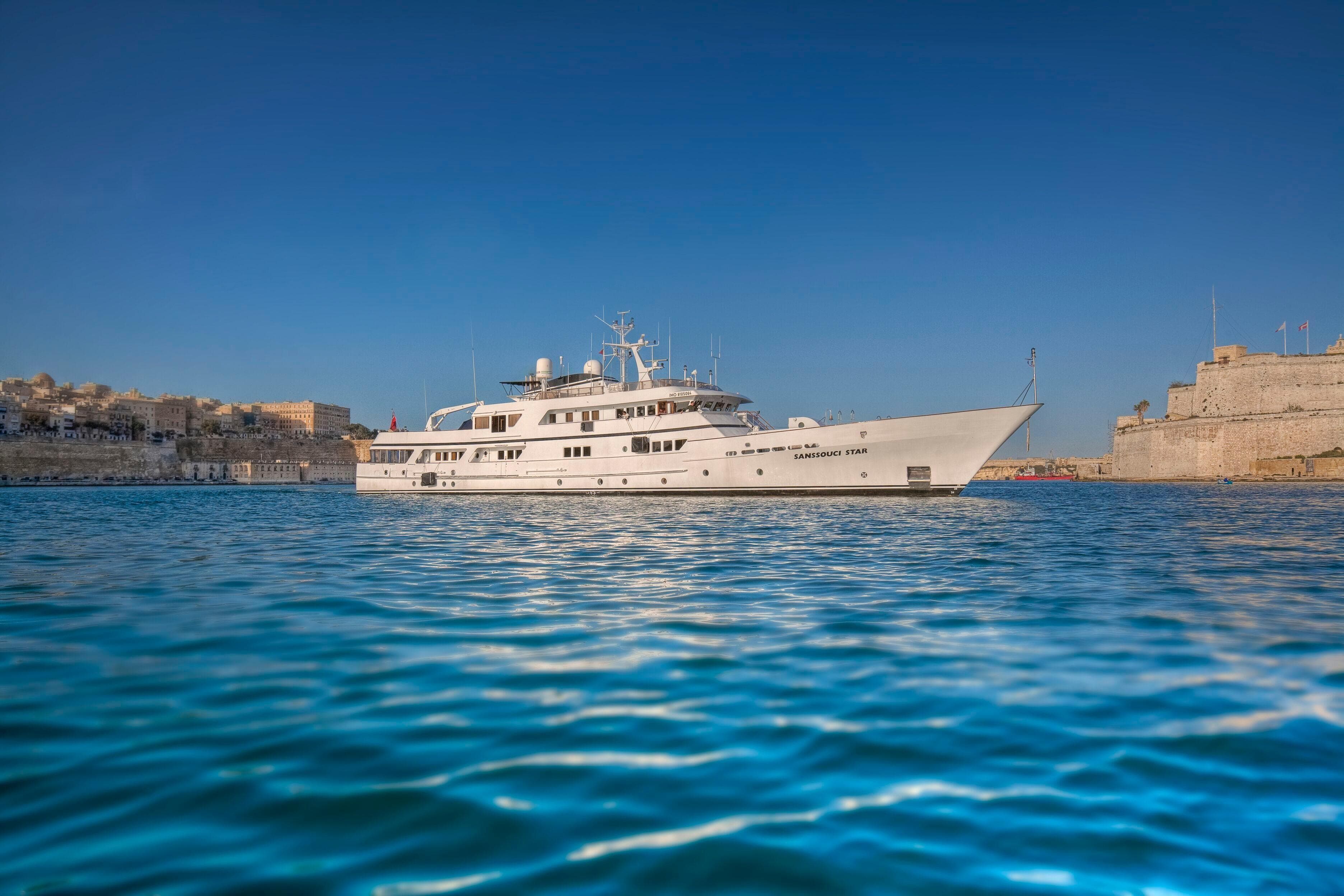 Luxury yacht "Custom Displacement Twin Screw" on clear blue water, 1982 model.