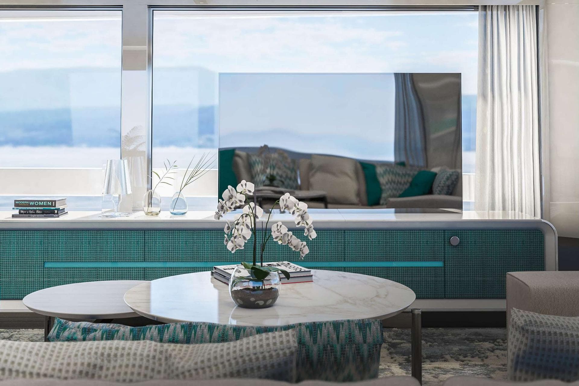 Luxurious interior of 2027 Van der Valk Pilot 26m yacht with elegant decor and scenic views.