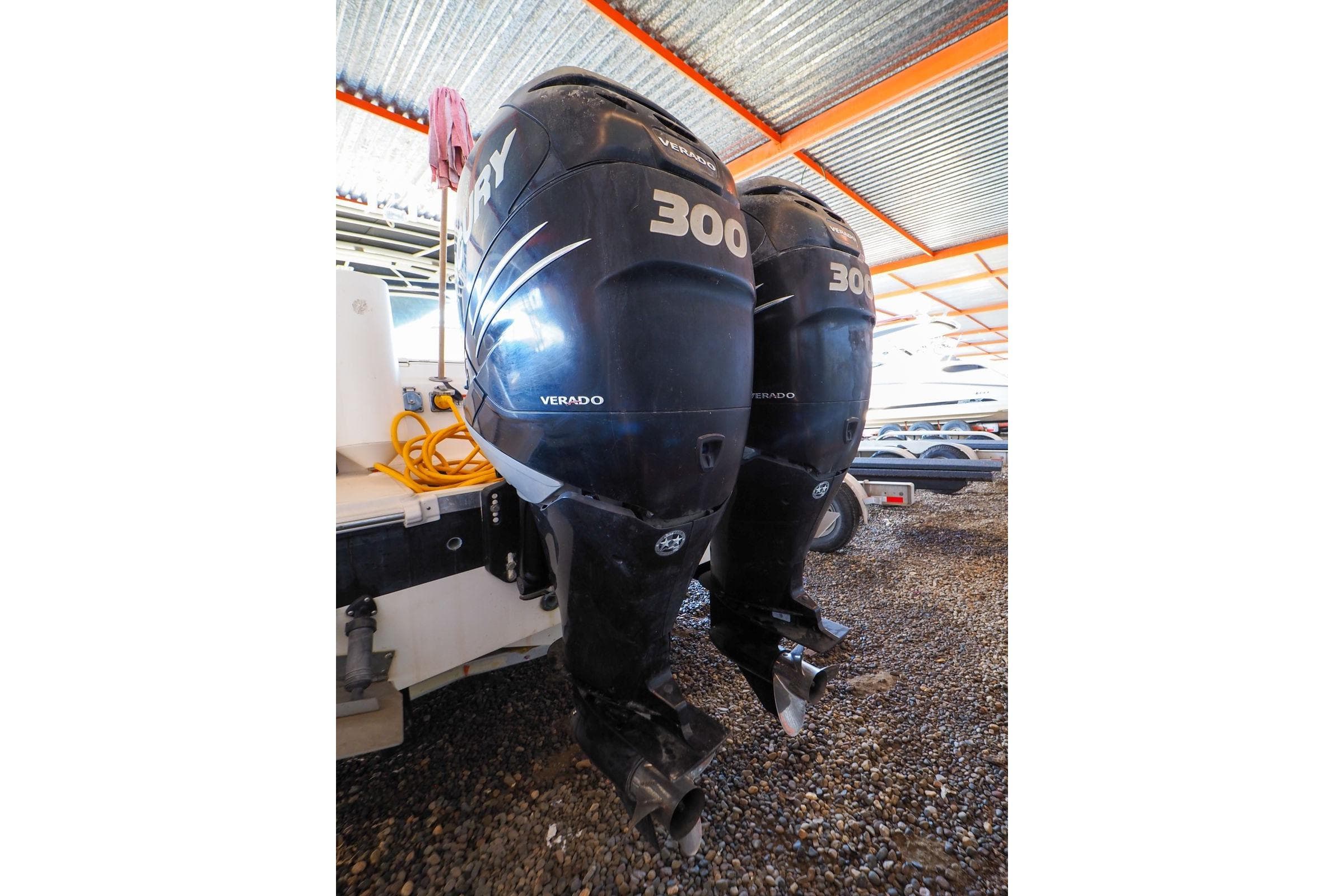 Twin Mercury Verado 300 engines on a 2011 Wellcraft 30 Scarab Sport boat.